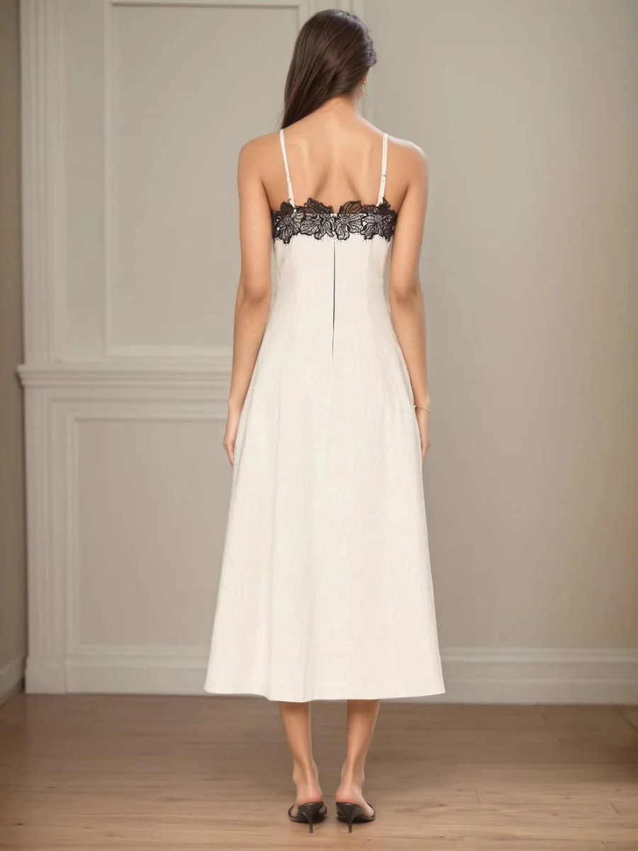 Lace Stitching Grace Temperament White Maxi Dresses - Image 2