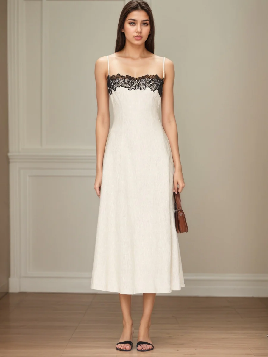 Lace Stitching Grace Temperament White Maxi Dresses - Image 3