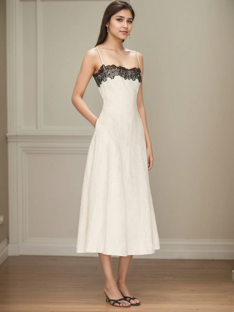 Lace Stitching Grace Temperament White Maxi Dresses - Image 4