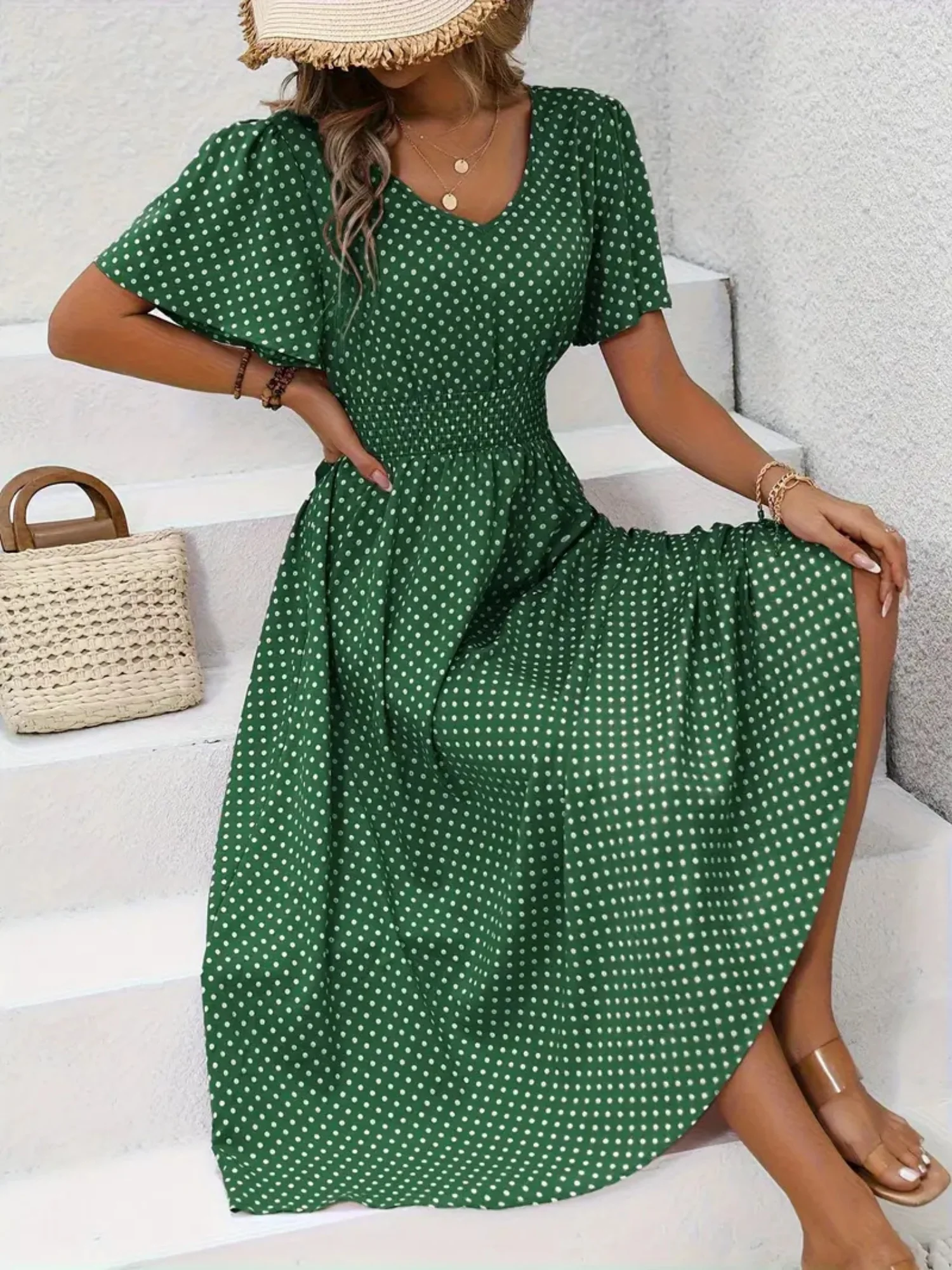 Polka Dots V-neck Waist Shaping Short Sleeves Maxi Dresses - Image 5