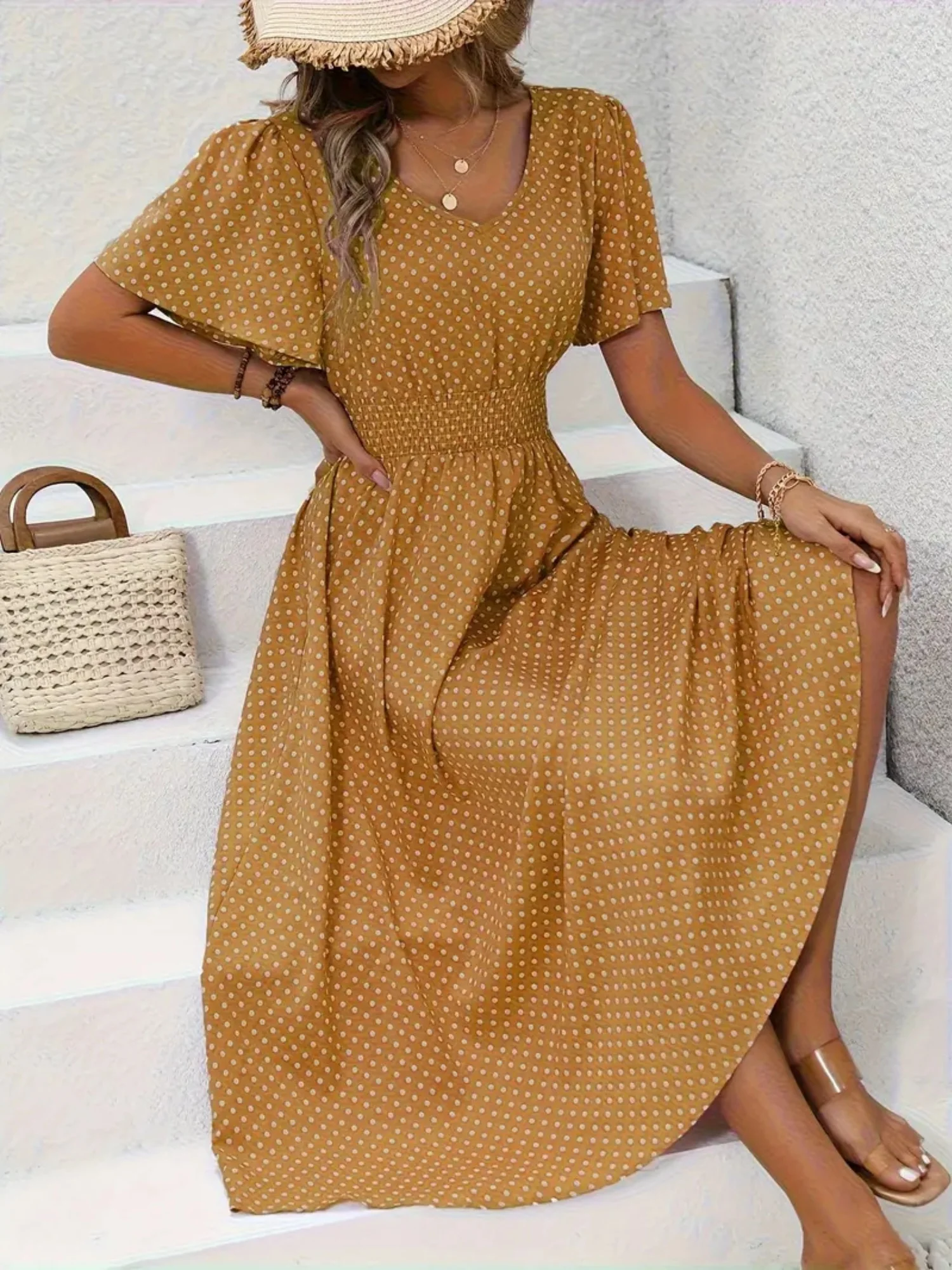 Polka Dots V-neck Waist Shaping Short Sleeves Maxi Dresses - Image 8