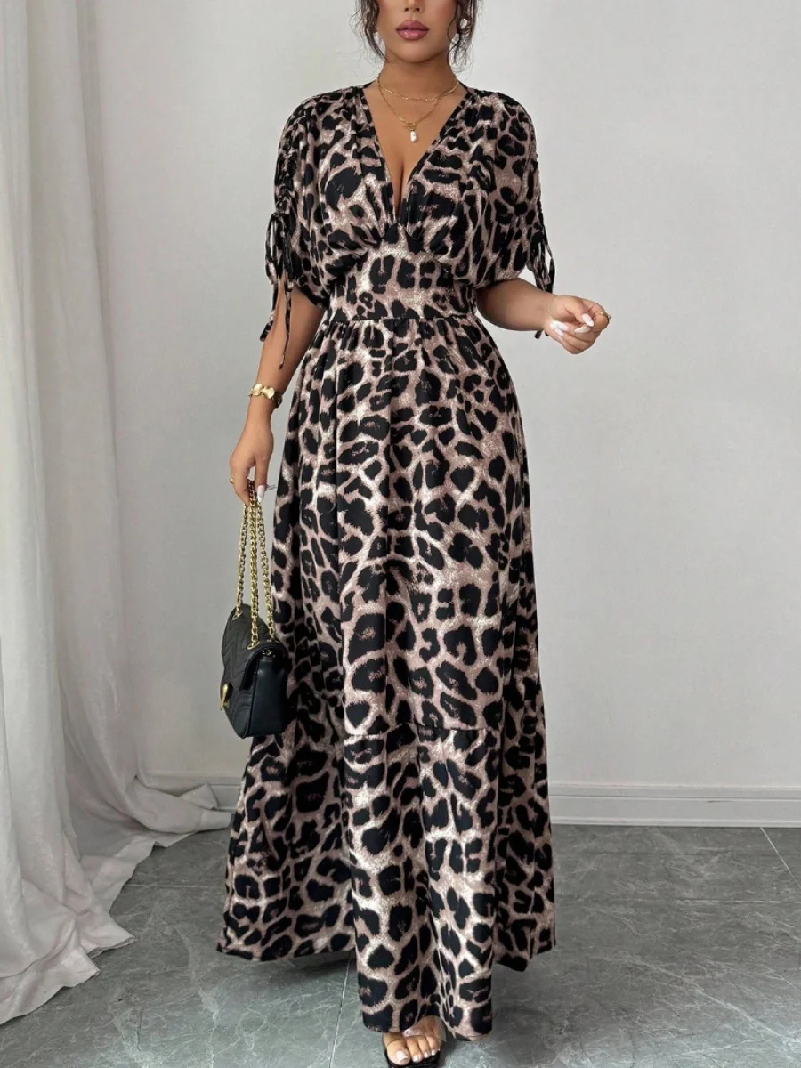 V-neck Short Sleeve Leopard Print Maxi Dresses - Image 2