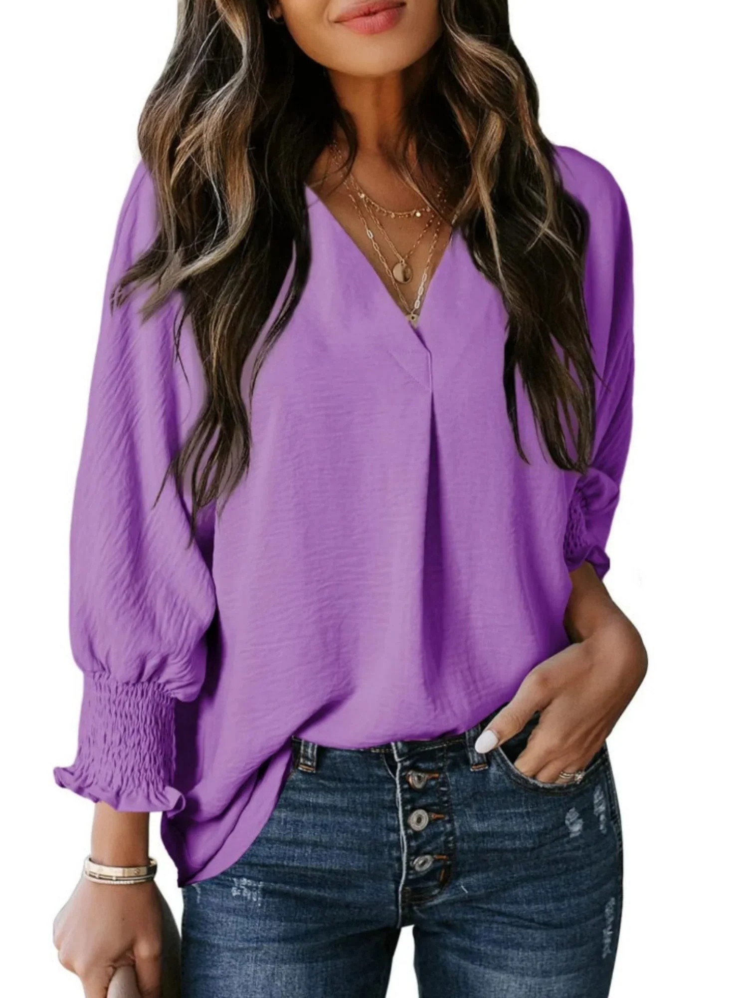 V-neck Long Sleeve Roll Up The Cuffs Shirt T-shirts - Image 11