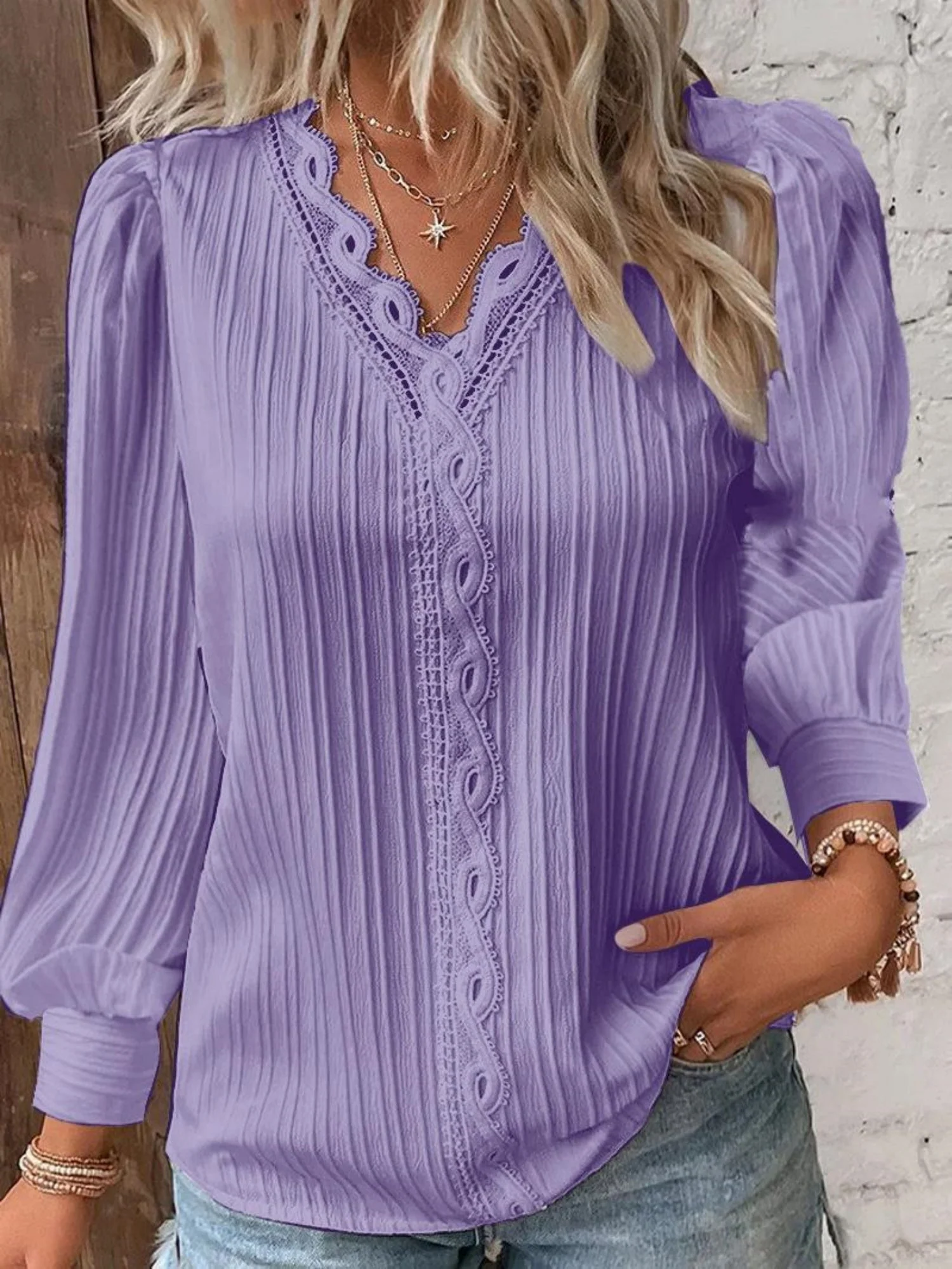 Lace Trim V-neck Long Sleeve Shirt T-shirts - Image 3