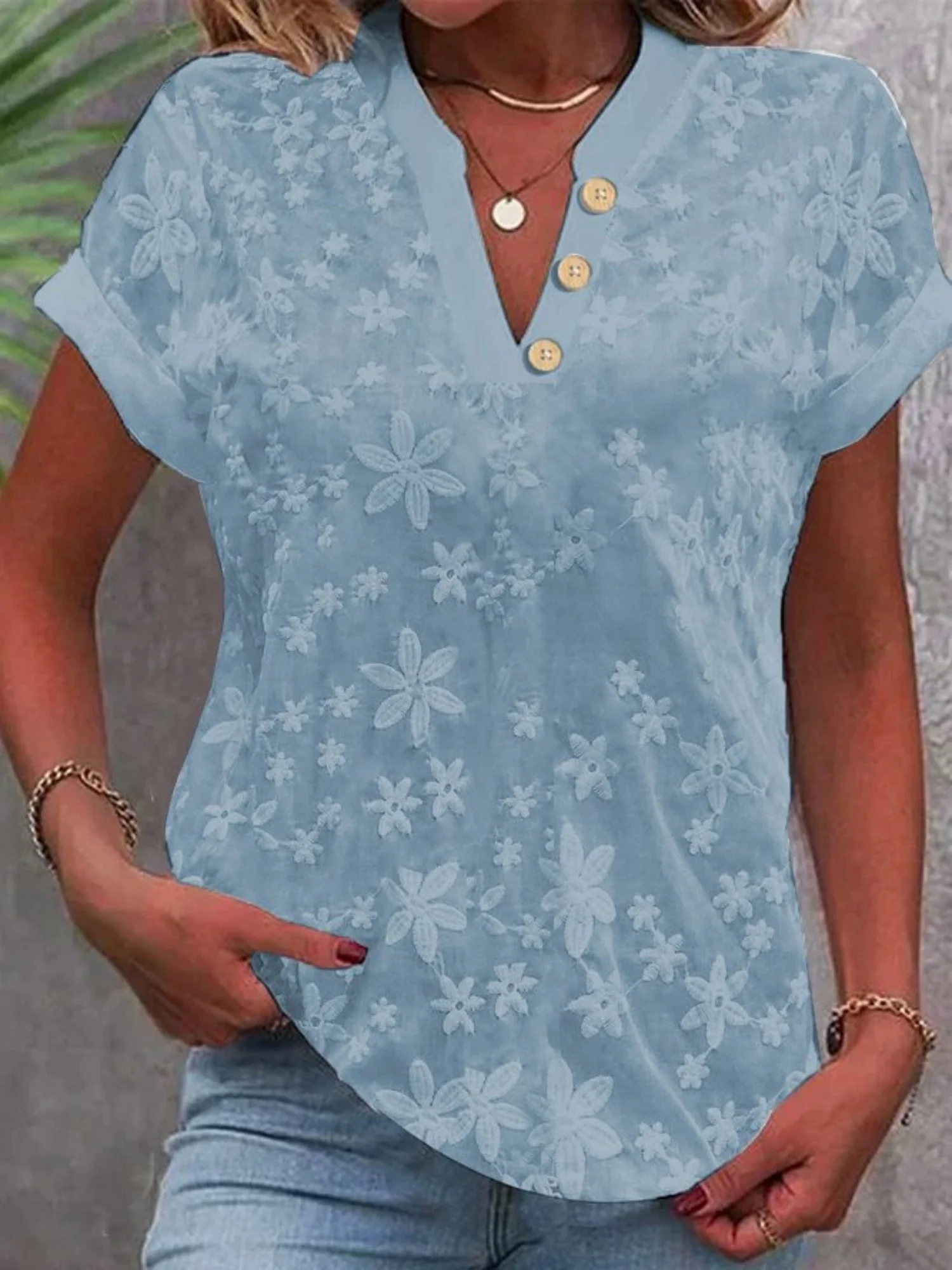 Flower Embroidery V-neck Short Sleeve T-shirts - Image 6
