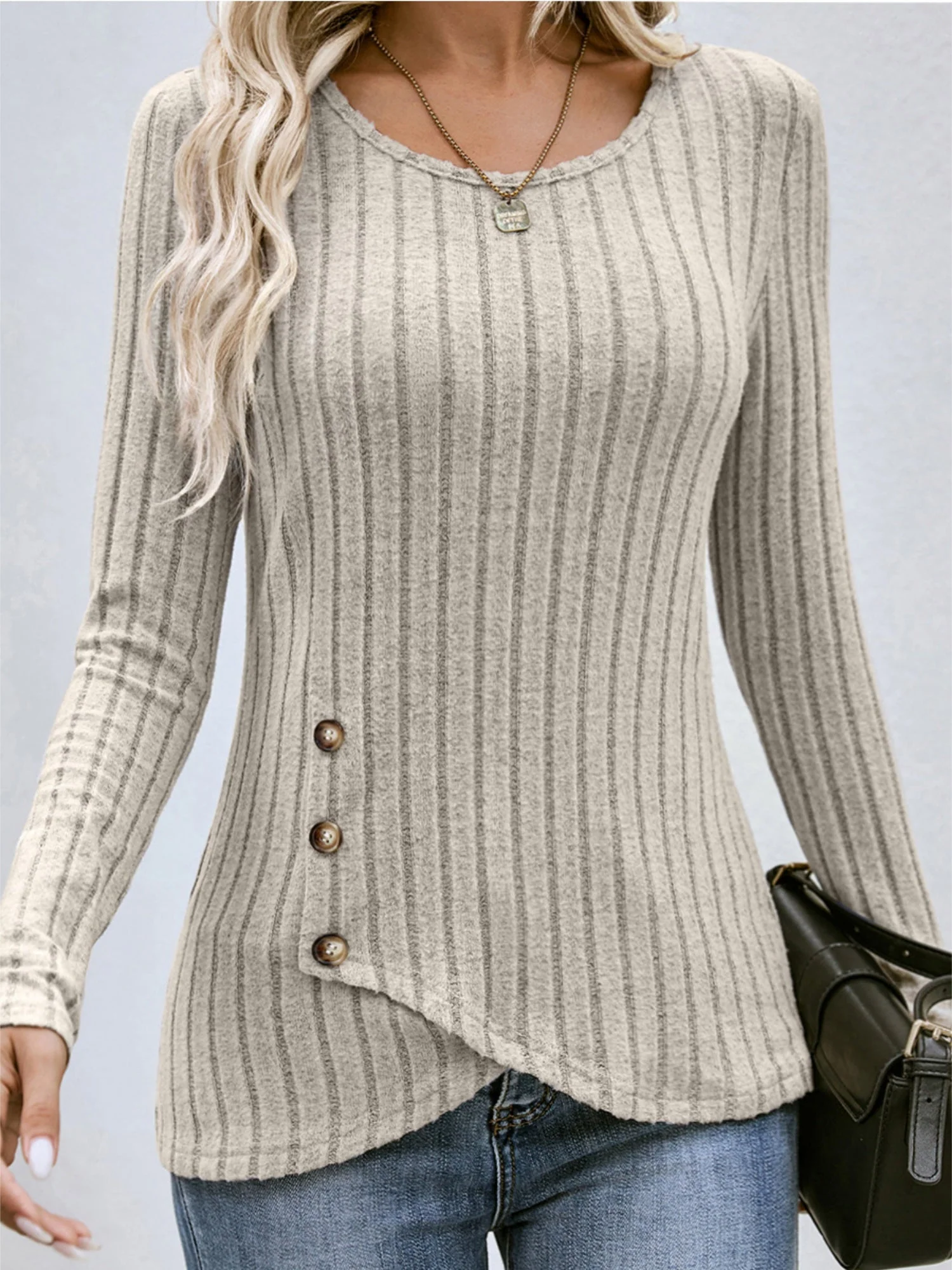 Threaded Groove Strip Waist-cinching Round Neck Buttons Long Sleeves T-shirts