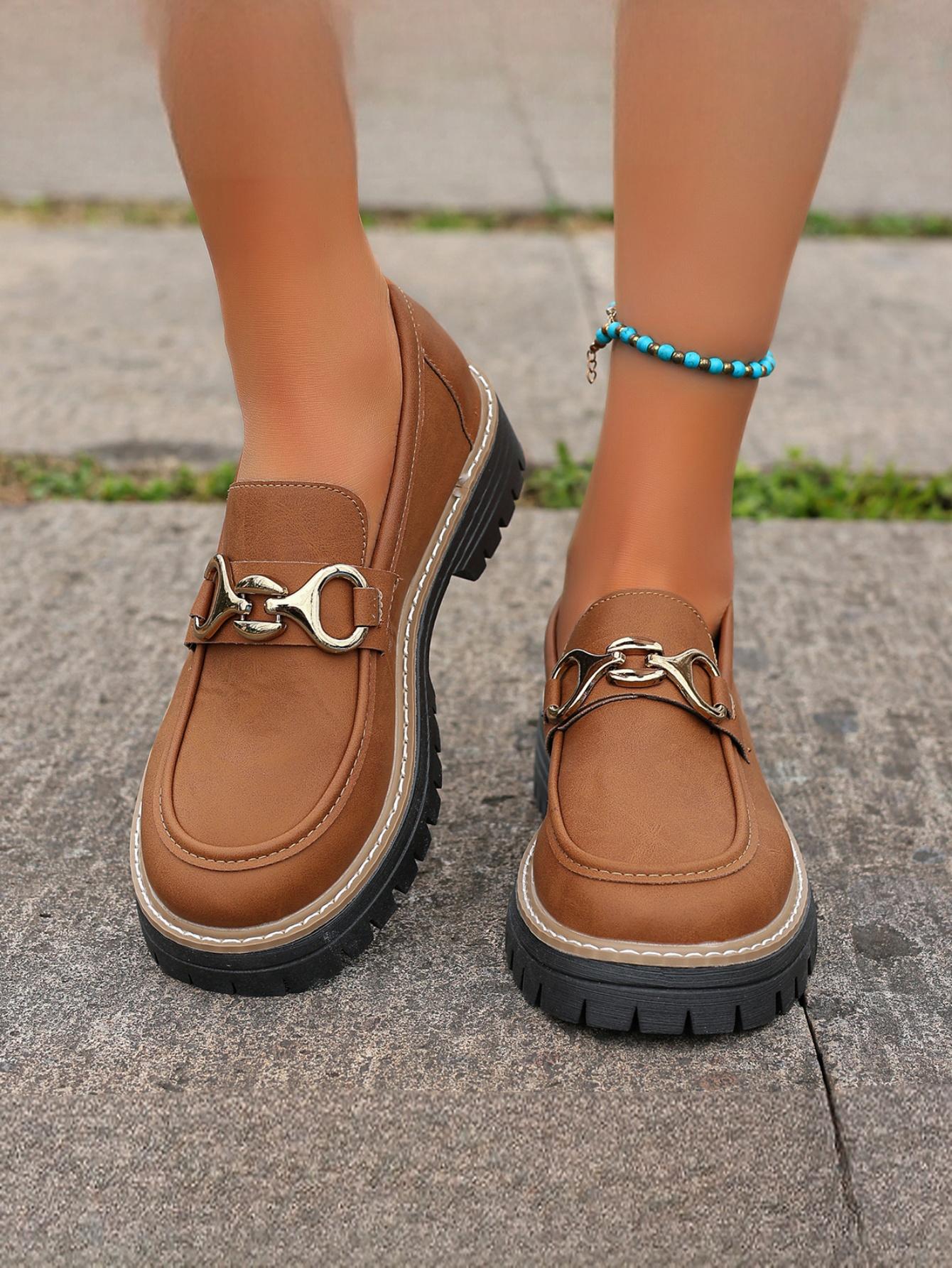Solid Color Platform Loafers With Metal Buckles - Image 5