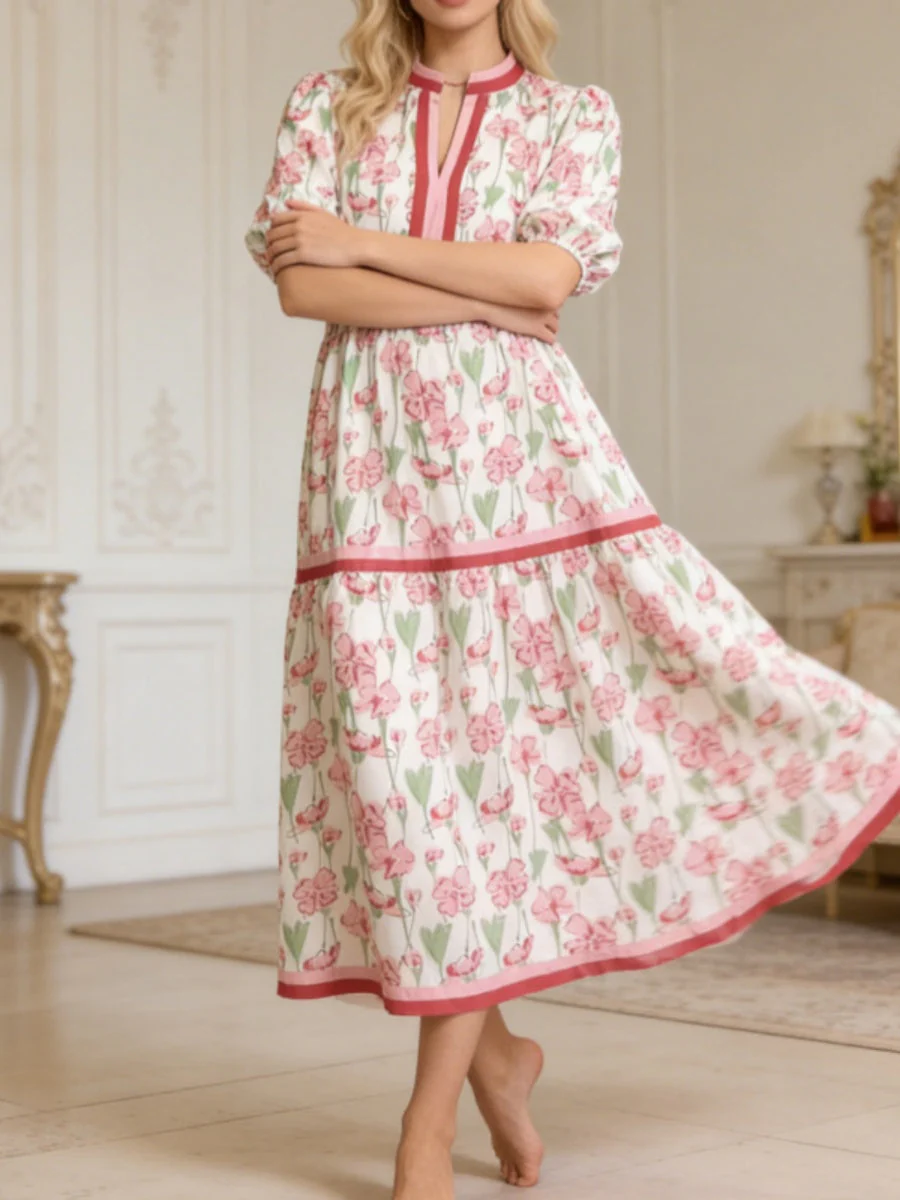 V-neck Floral Digital Printing Loose-fit Maxi Dresses - Image 2