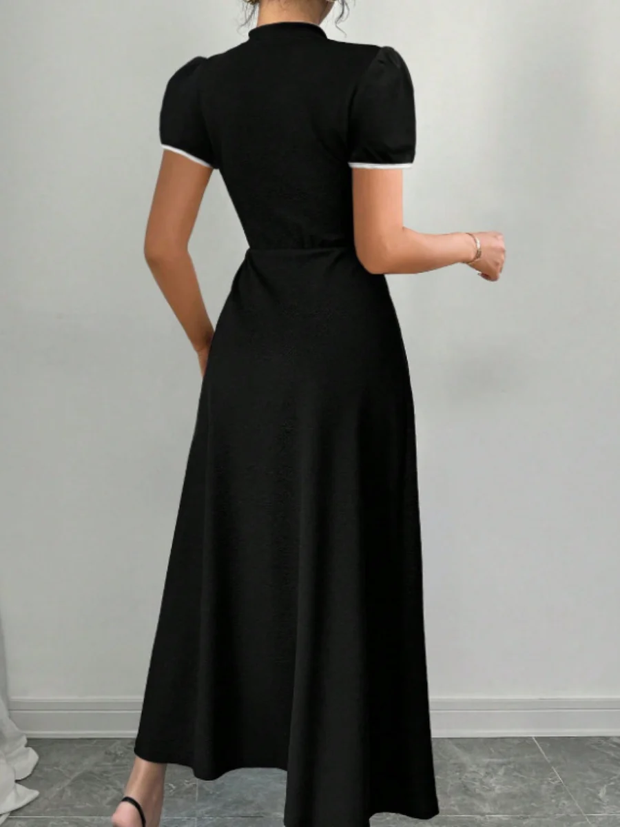 Long Dress With Puff Sleeves And Contrasting Chinese Knot Buttons - Image 3