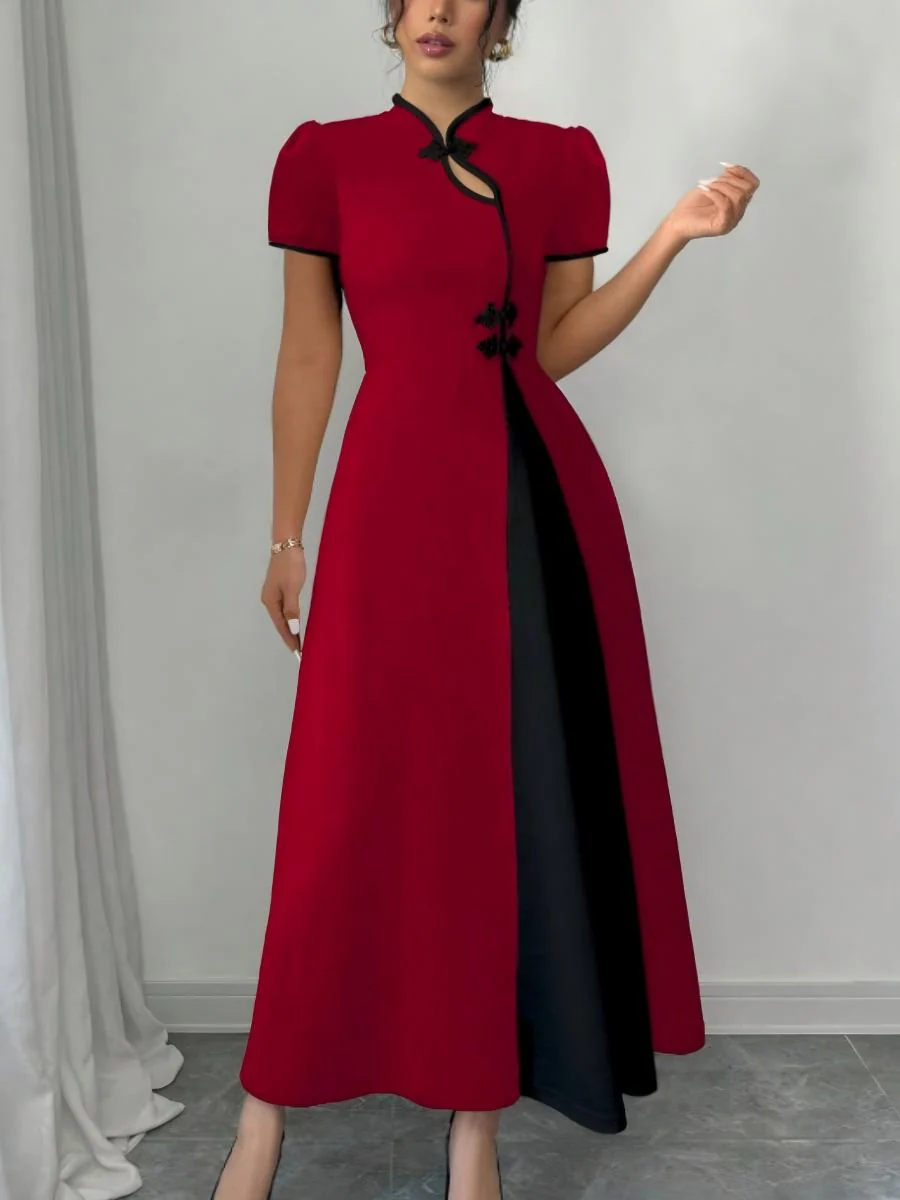 Long Dress With Puff Sleeves And Contrasting Chinese Knot Buttons - Image 4