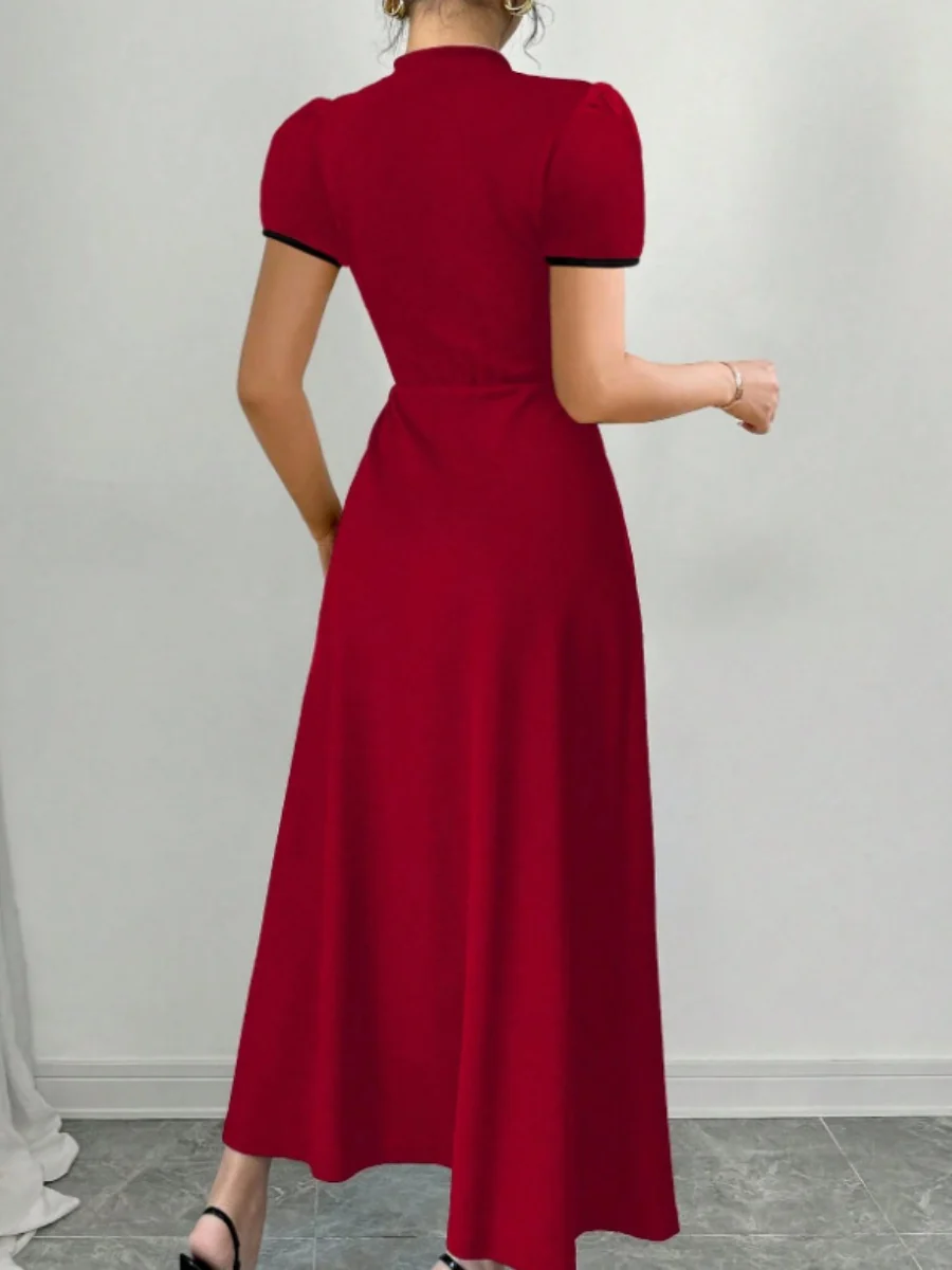 Long Dress With Puff Sleeves And Contrasting Chinese Knot Buttons - Image 5