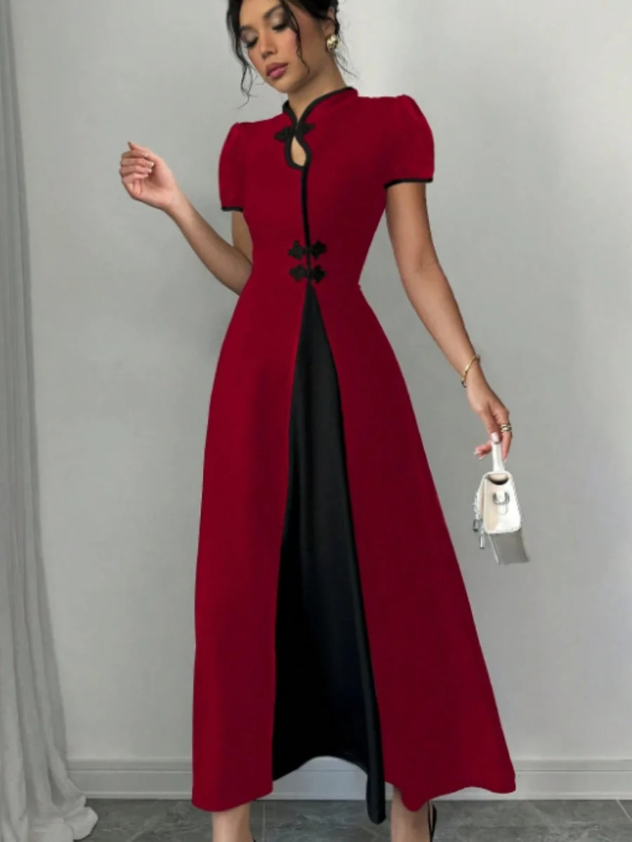 Long Dress With Puff Sleeves And Contrasting Chinese Knot Buttons - Image 6