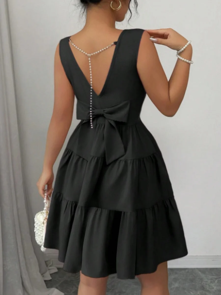 A-line Solid Color Backless Sleeveless Short Dress With A Cinched Waist And Bow - Image 2