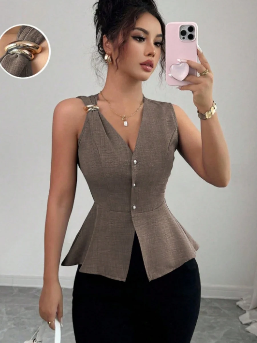 Metal Buckle Design V-neck Sleeveless Fitted Waist Vest - Image 5
