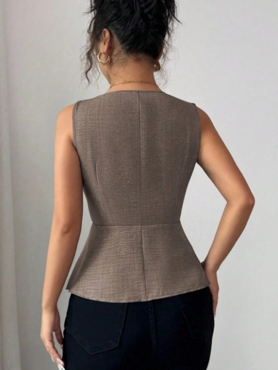 Metal Buckle Design V-neck Sleeveless Fitted Waist Vest - Image 6