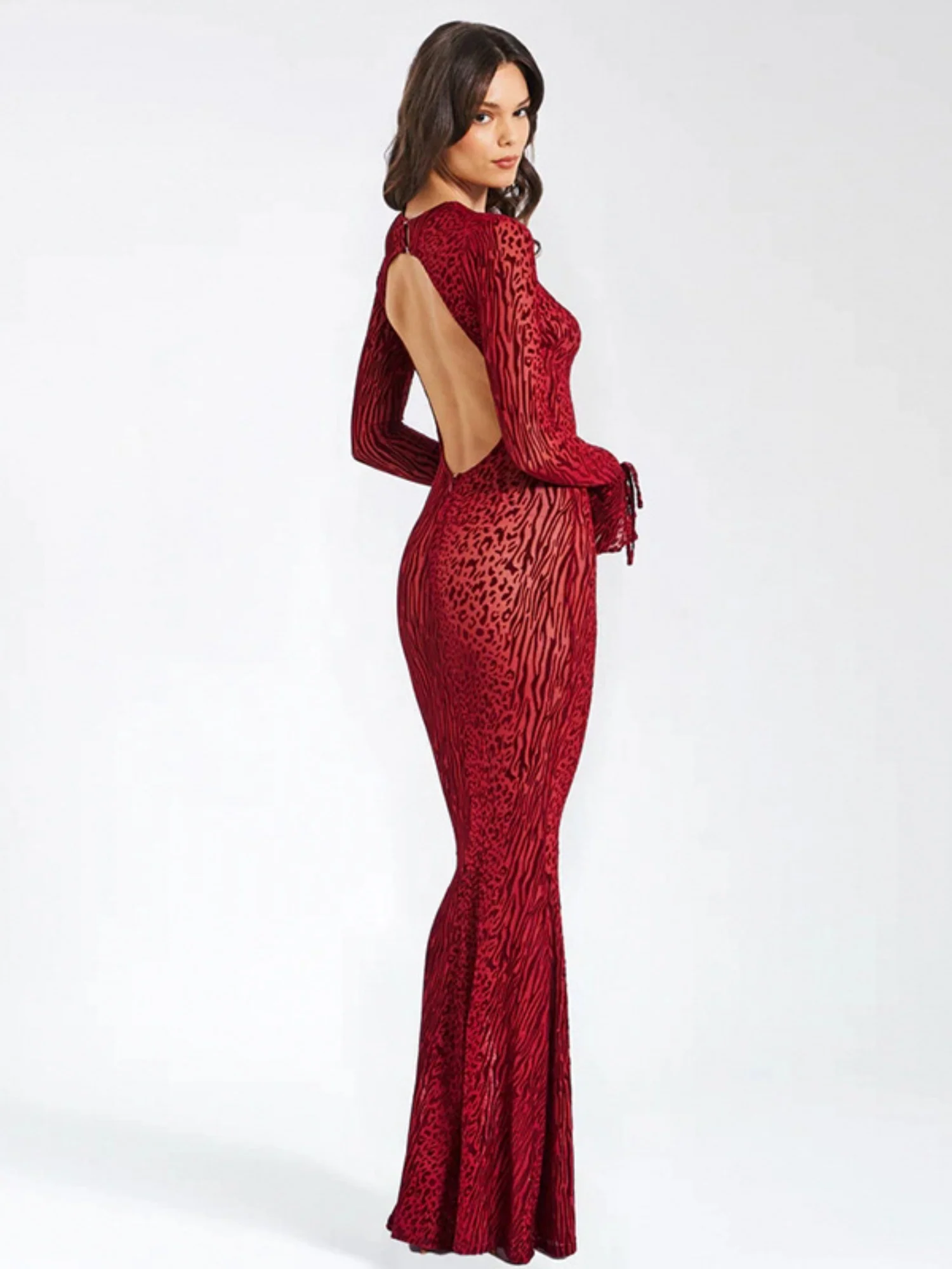 Leopard Print Backless Round Neck Long Sleeve Fish Tail Maxi Dresses - Image 2