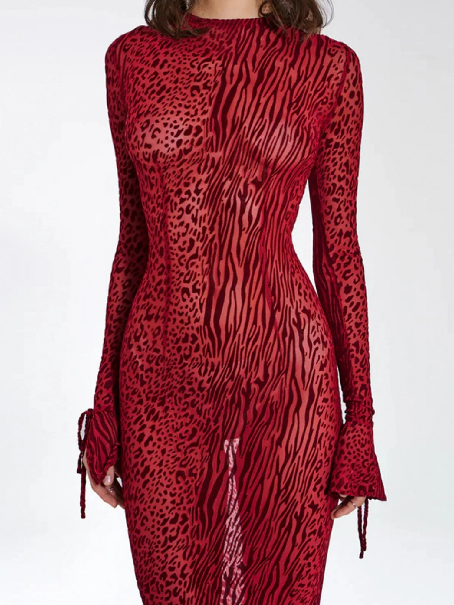 Leopard Print Backless Round Neck Long Sleeve Fish Tail Maxi Dresses - Image 4