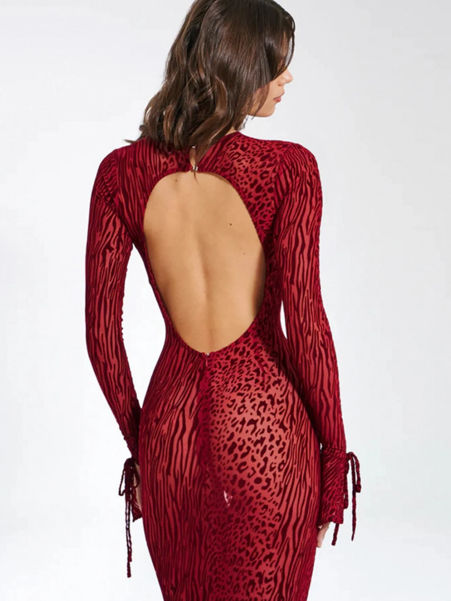 Leopard Print Backless Round Neck Long Sleeve Fish Tail Maxi Dresses - Image 5