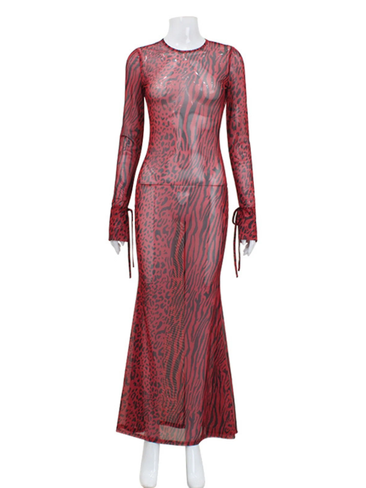Leopard Print Backless Round Neck Long Sleeve Fish Tail Maxi Dresses - Image 6