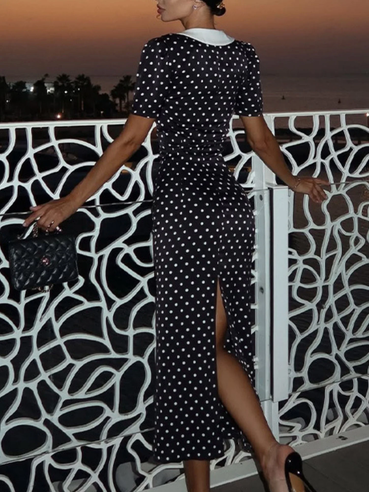 Polka Dots Color-blocked Puff Sleeve Bodycon Slimming Maxi Dresses - Image 4