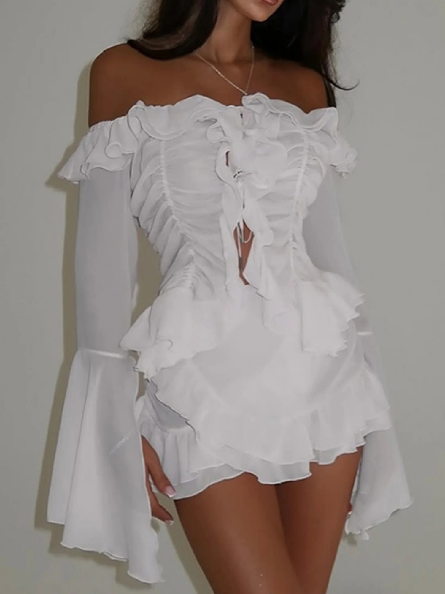 Ruffle Neck Strap Off-shoulder Long-sleeved Top And Skirt Sweet 2-piece Sets - Image 7