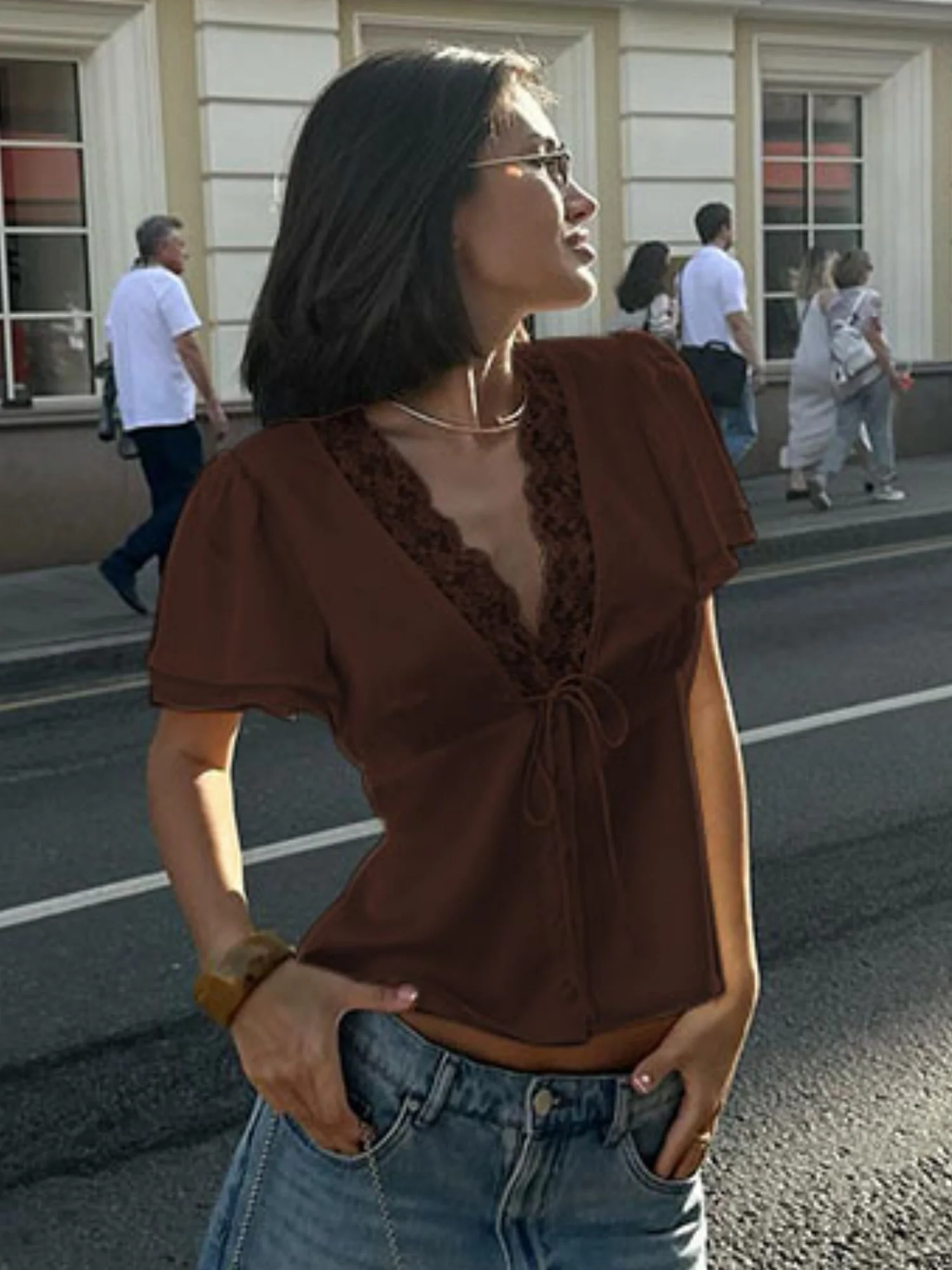Lace Trim Straps V-neck Short-sleeved T-shirt - Image 6