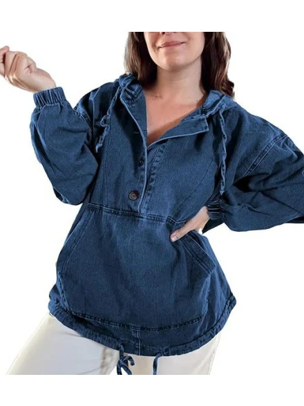 Button-up Pullover Denim Hoodie - Image 12