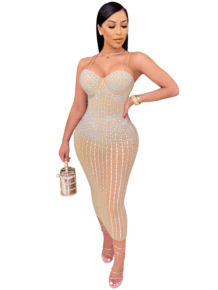 Hip-hugging Rhinestone-studded Midi Dresses - Image 5