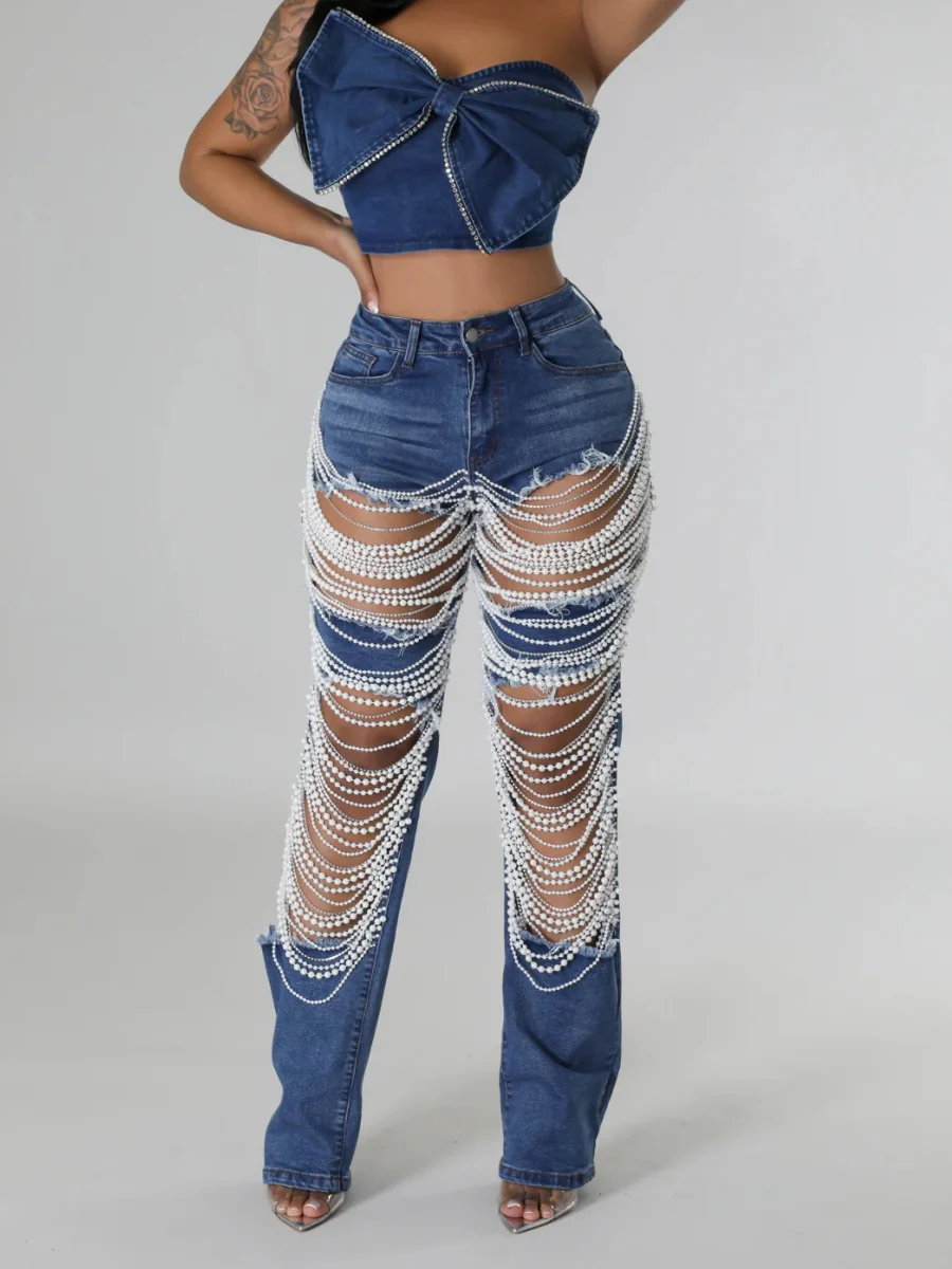 Ripped, Pearl-beaded Stretch Jeans - Image 12