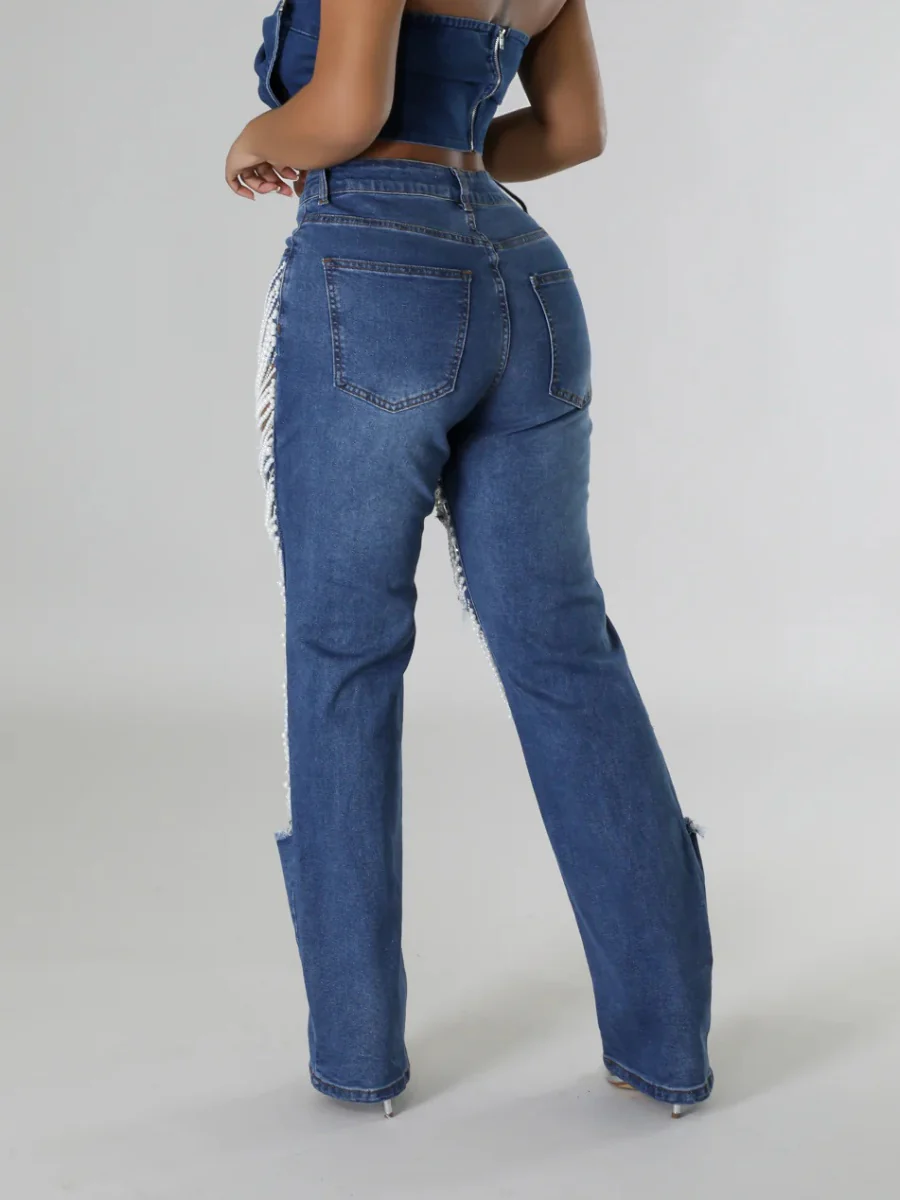 Ripped, Pearl-beaded Stretch Jeans - Image 13