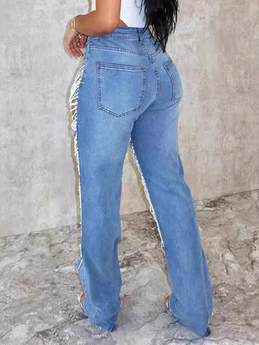 Ripped, Pearl-beaded Stretch Jeans - Image 2