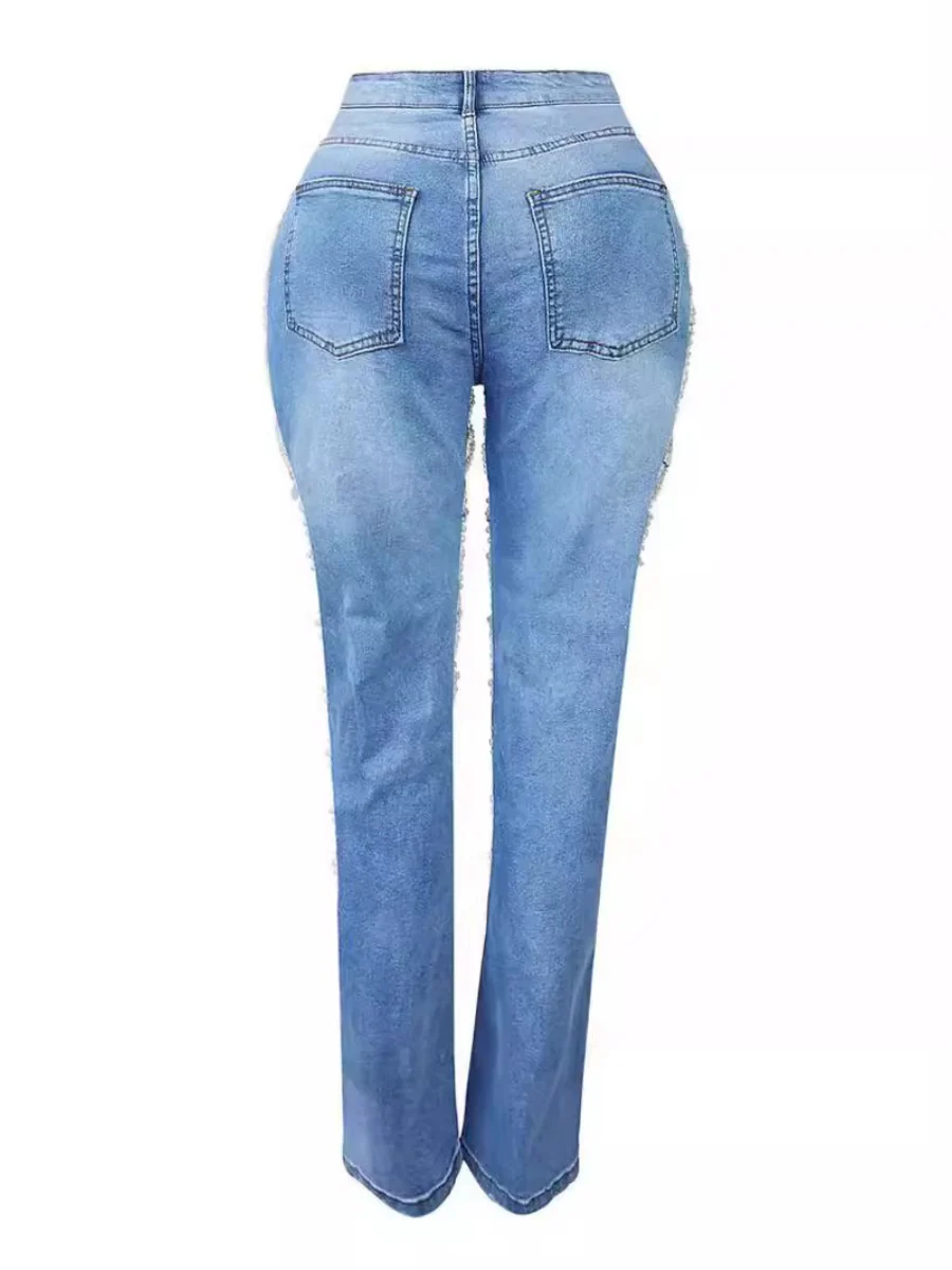 Ripped, Pearl-beaded Stretch Jeans - Image 4