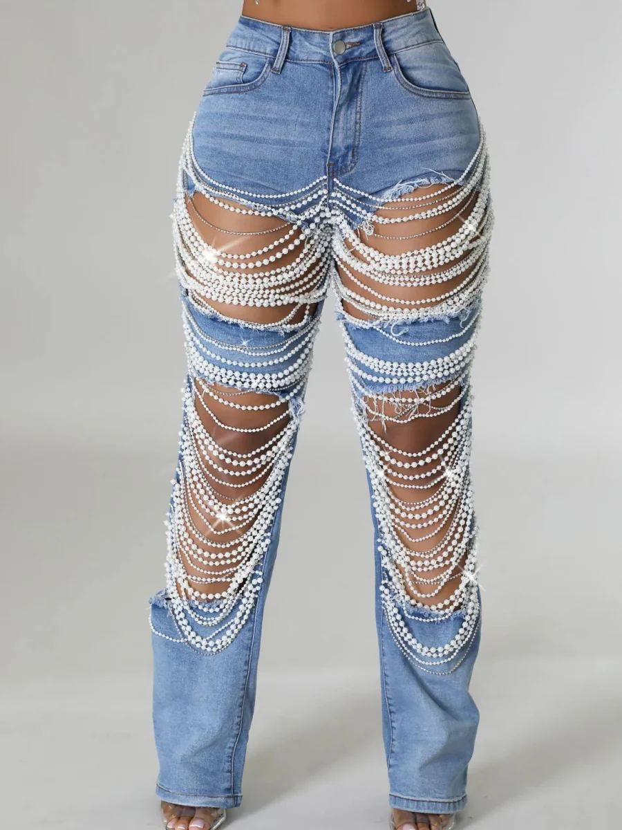 Ripped, Pearl-beaded Stretch Jeans - Image 5