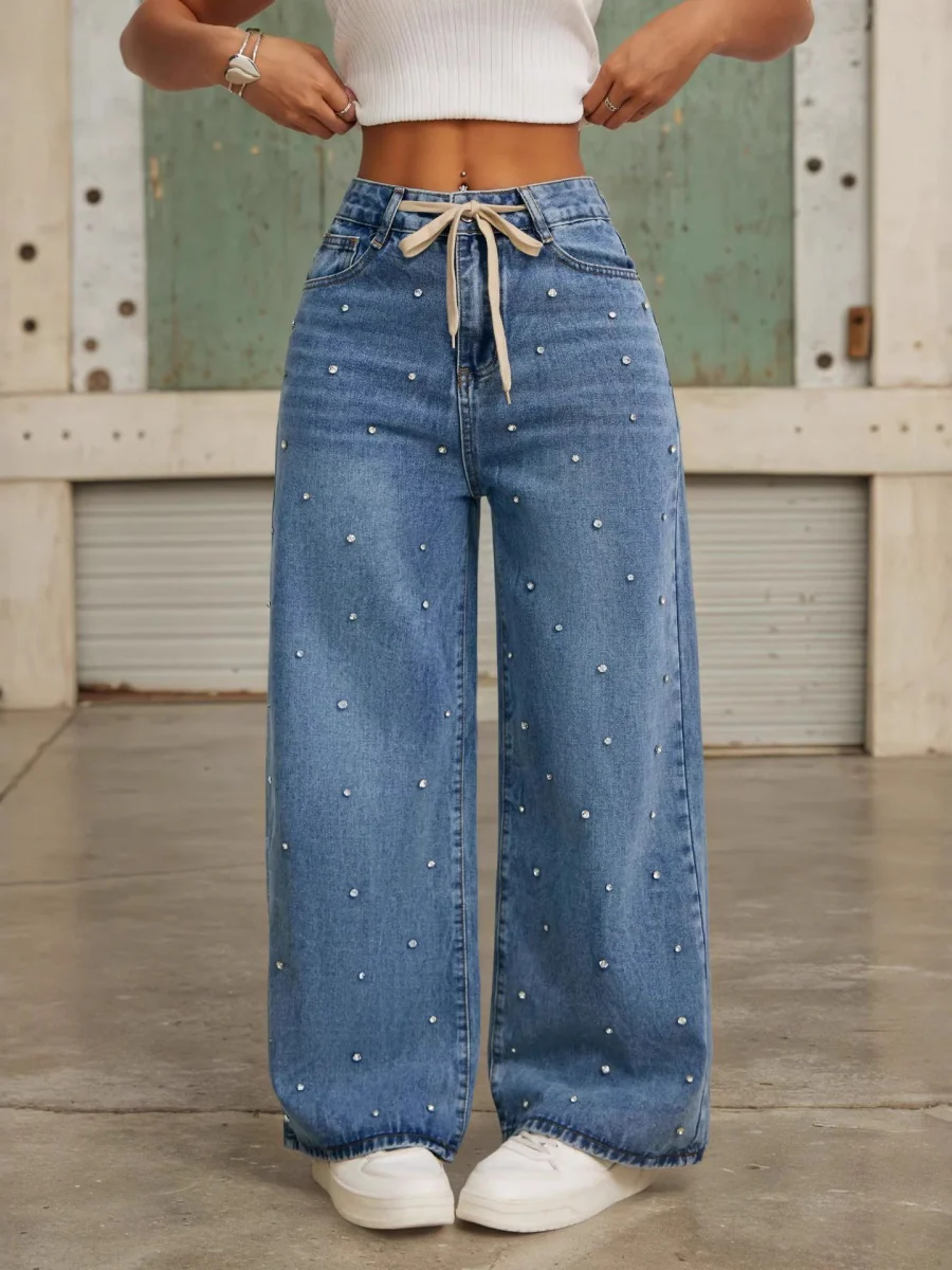 High-waisted, Loose-fitting, Slimming Straight-leg Beaded Jeans