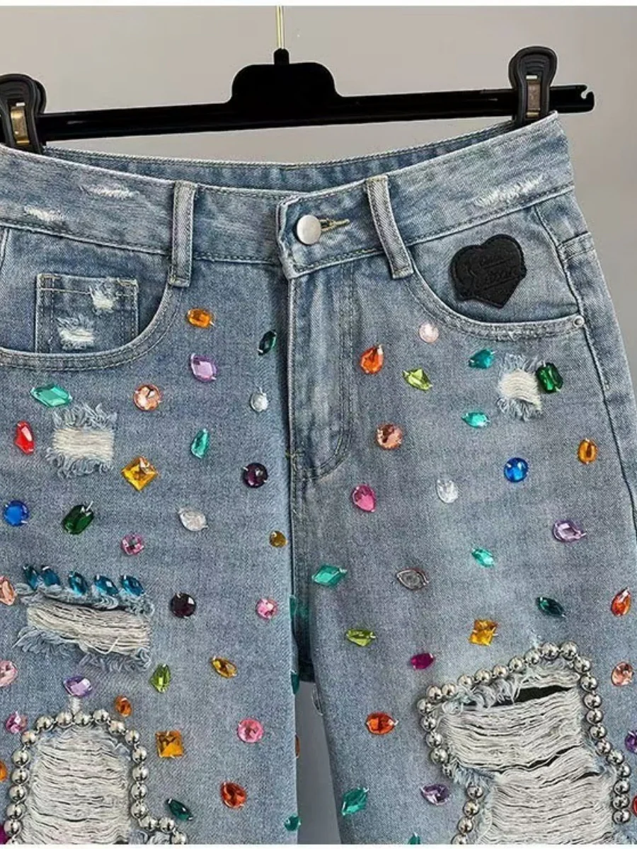 Rhinestone Frayed Denim Shorts - Image 3