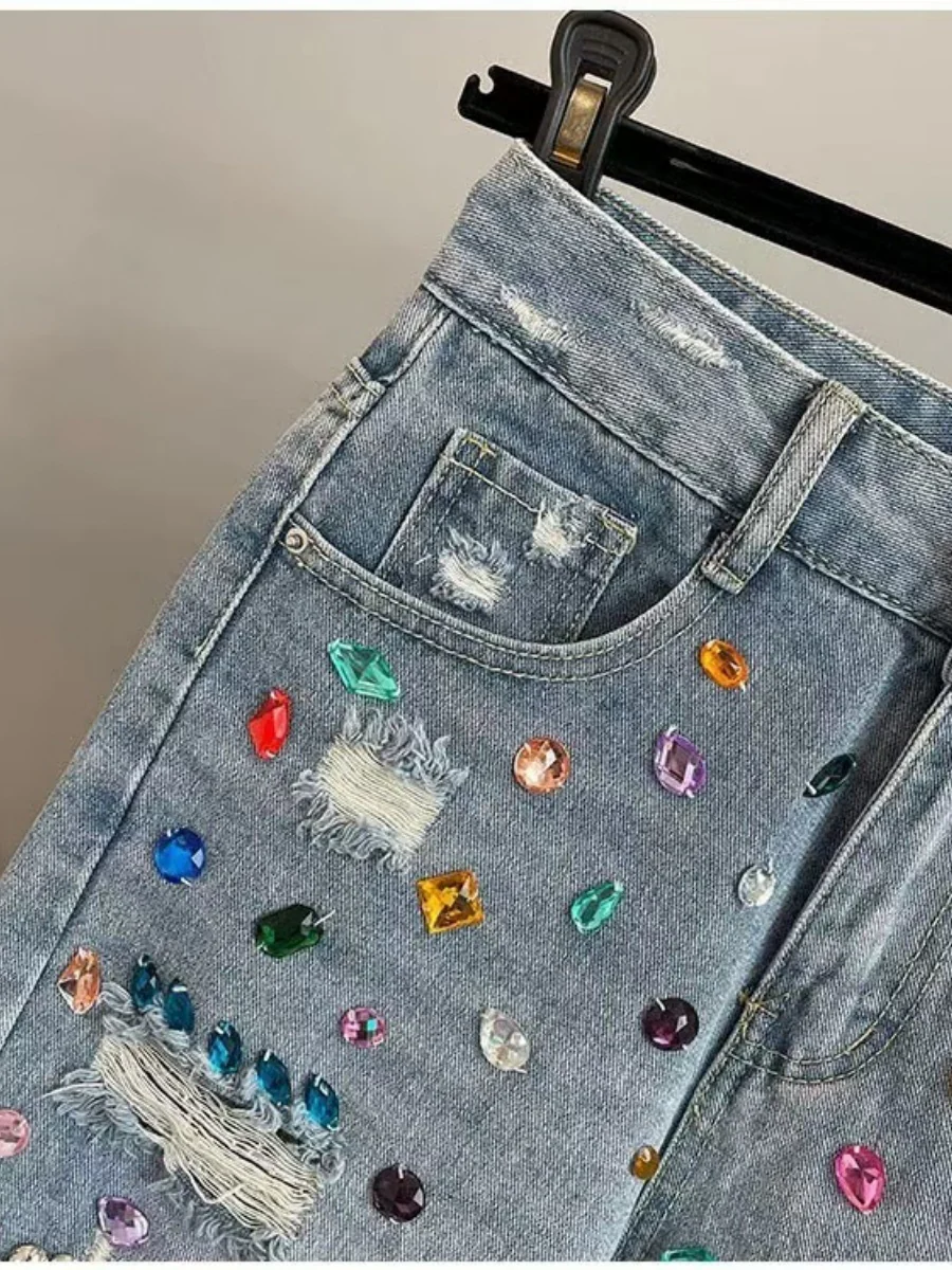 Rhinestone Frayed Denim Shorts - Image 4