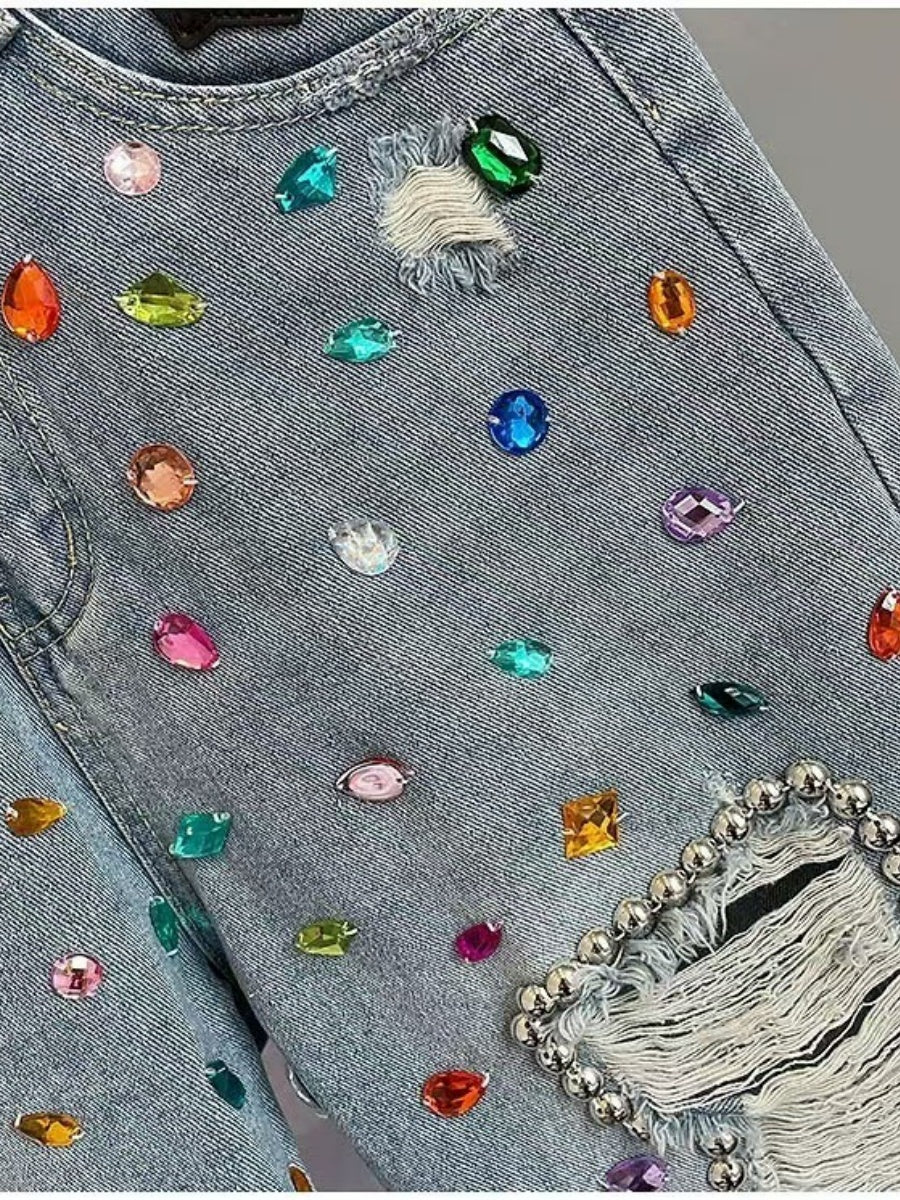 Rhinestone Frayed Denim Shorts - Image 5