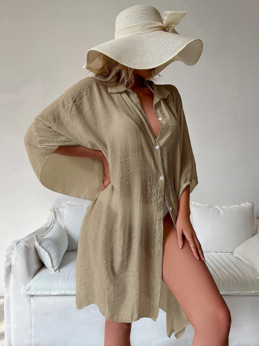 Bamboo Cotton Shirt Style Loose Beach Cardigan Vacation Sun Protection Clothing Bikini Cover-up Swimwear Outer Cardigan - Image 13