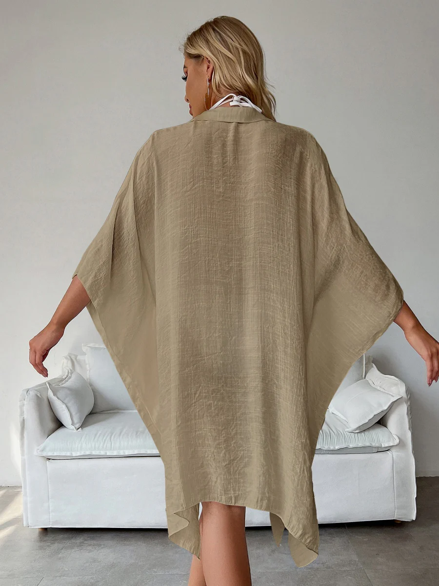 Bamboo Cotton Shirt Style Loose Beach Cardigan Vacation Sun Protection Clothing Bikini Cover-up Swimwear Outer Cardigan - Image 14