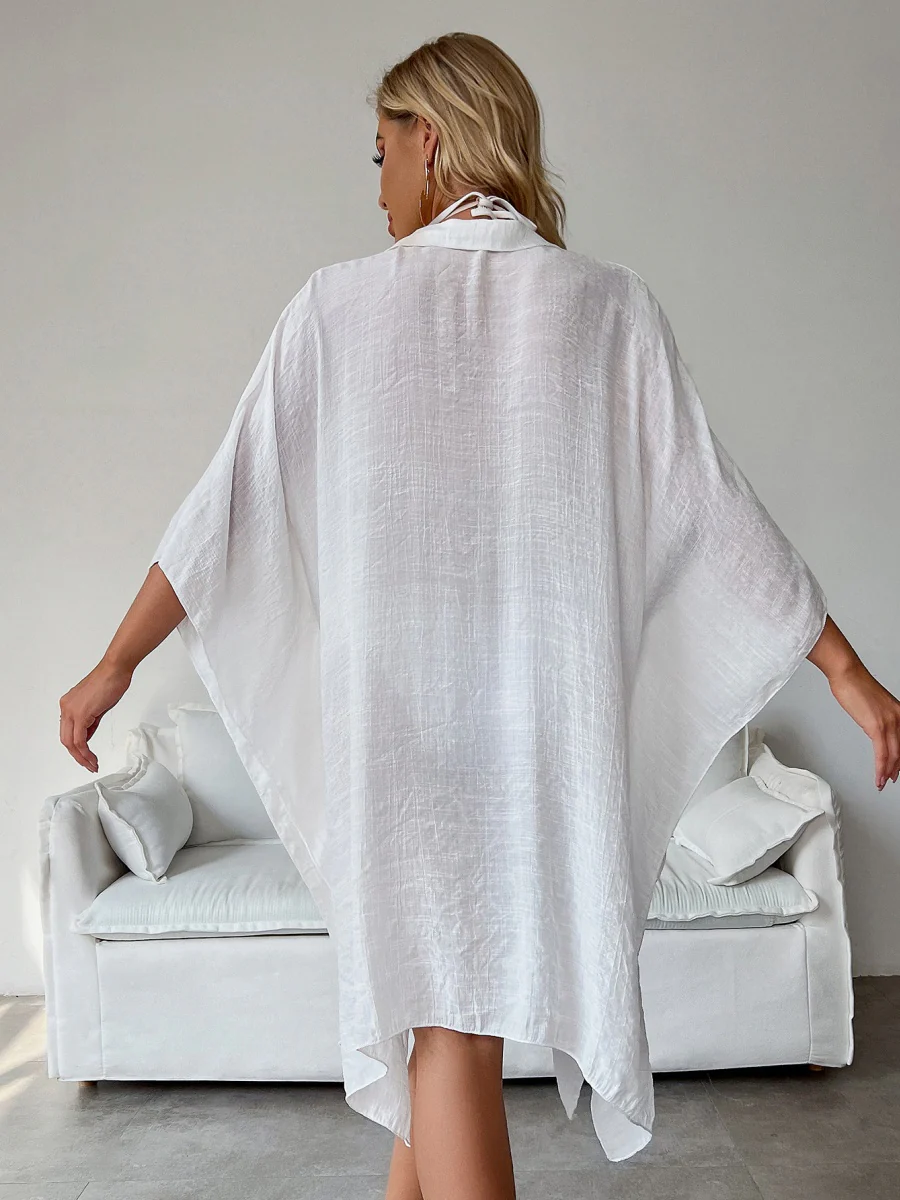 Bamboo Cotton Shirt Style Loose Beach Cardigan Vacation Sun Protection Clothing Bikini Cover-up Swimwear Outer Cardigan - Image 3