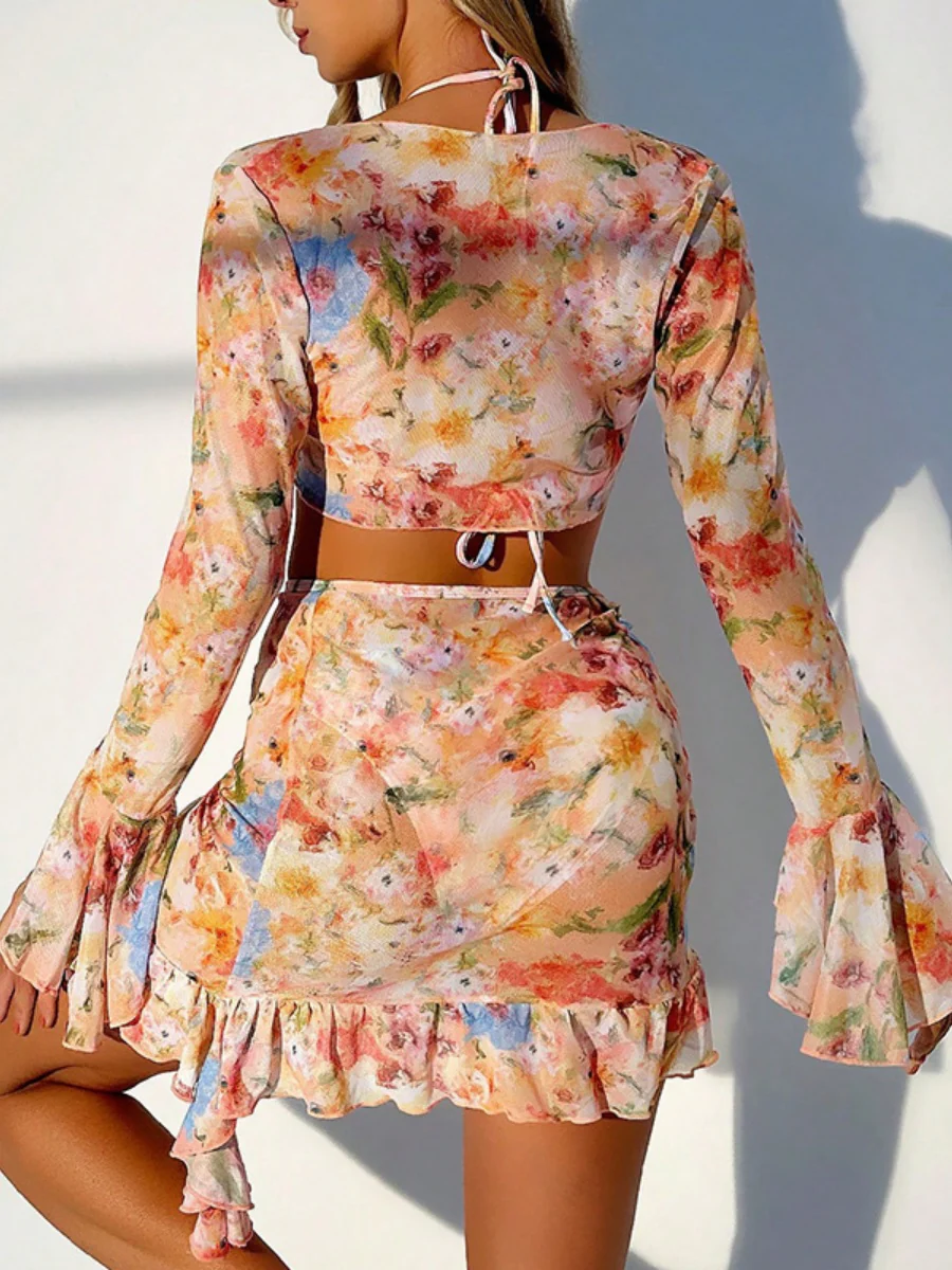 Floral Print Ruffled Bikini Four-Piece Set - Image 2