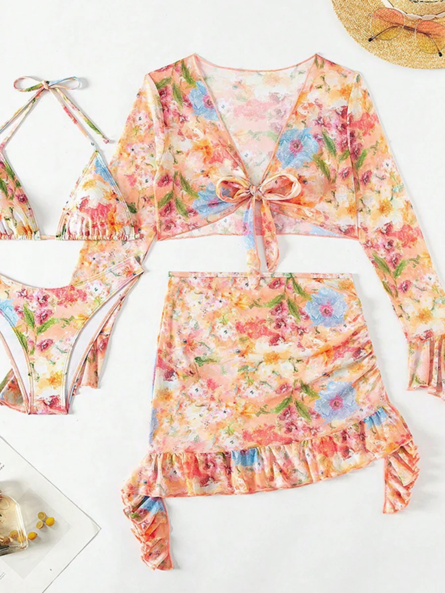 Floral Print Ruffled Bikini Four-Piece Set - Image 5
