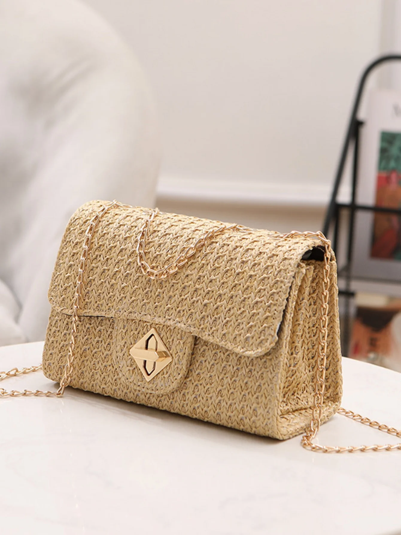 Solid Color Straw Crossbody Bag For Vacation - Image 6