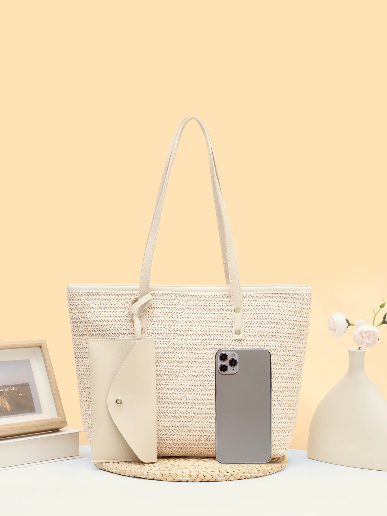 Solid Color Straw Woven Vacation Tote Bag - Image 3