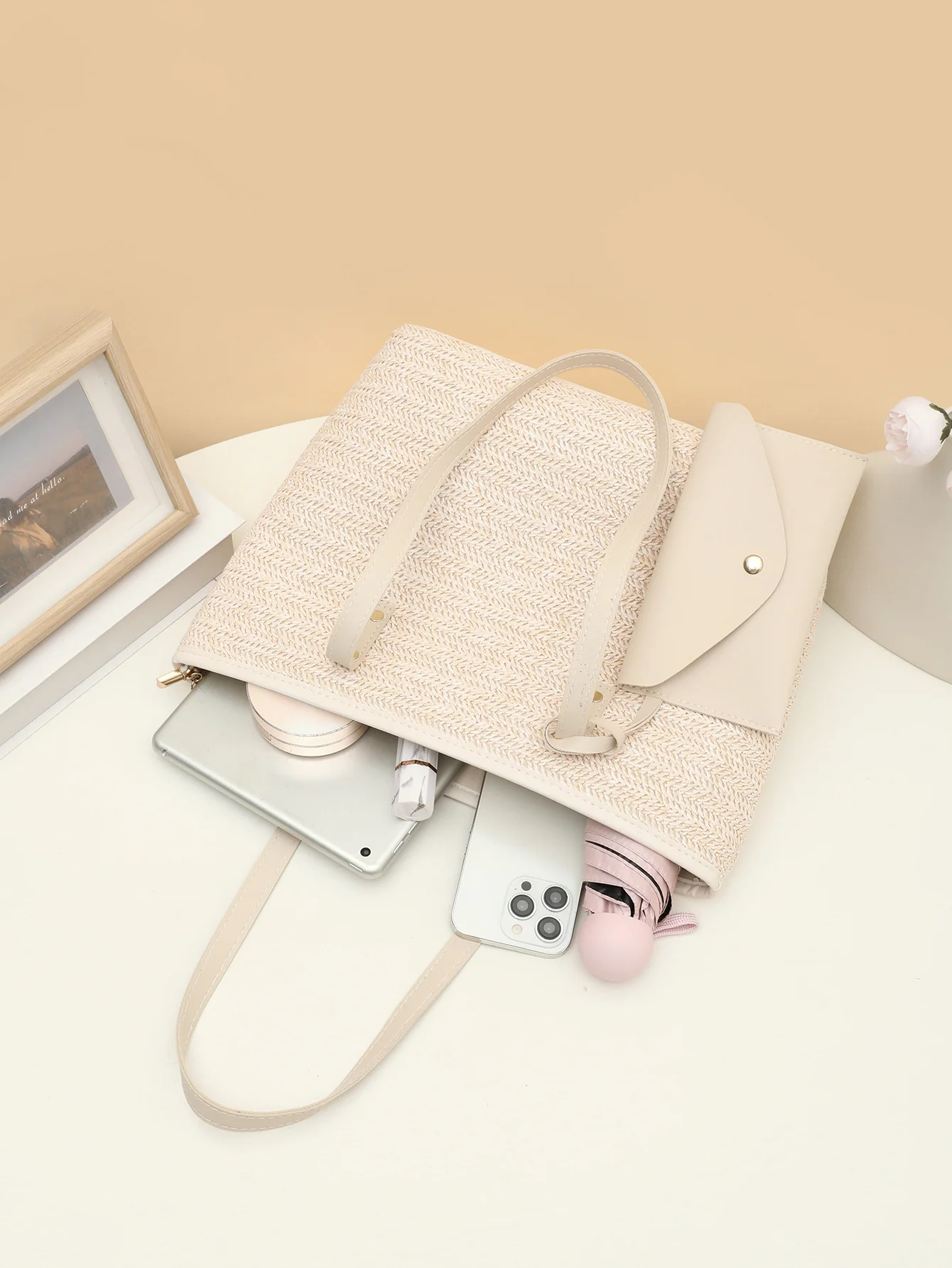 Solid Color Straw Woven Vacation Tote Bag - Image 5