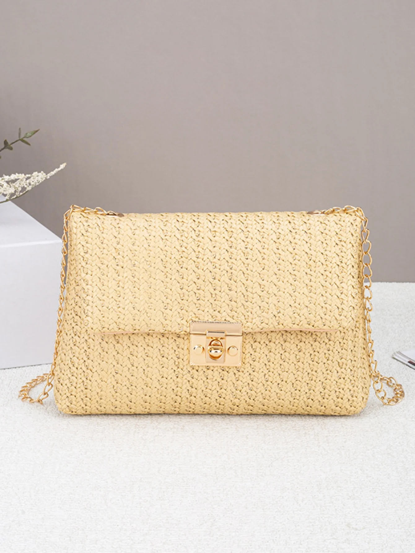 Solid Color Straw Crossbody Bag For Vacation - Image 6