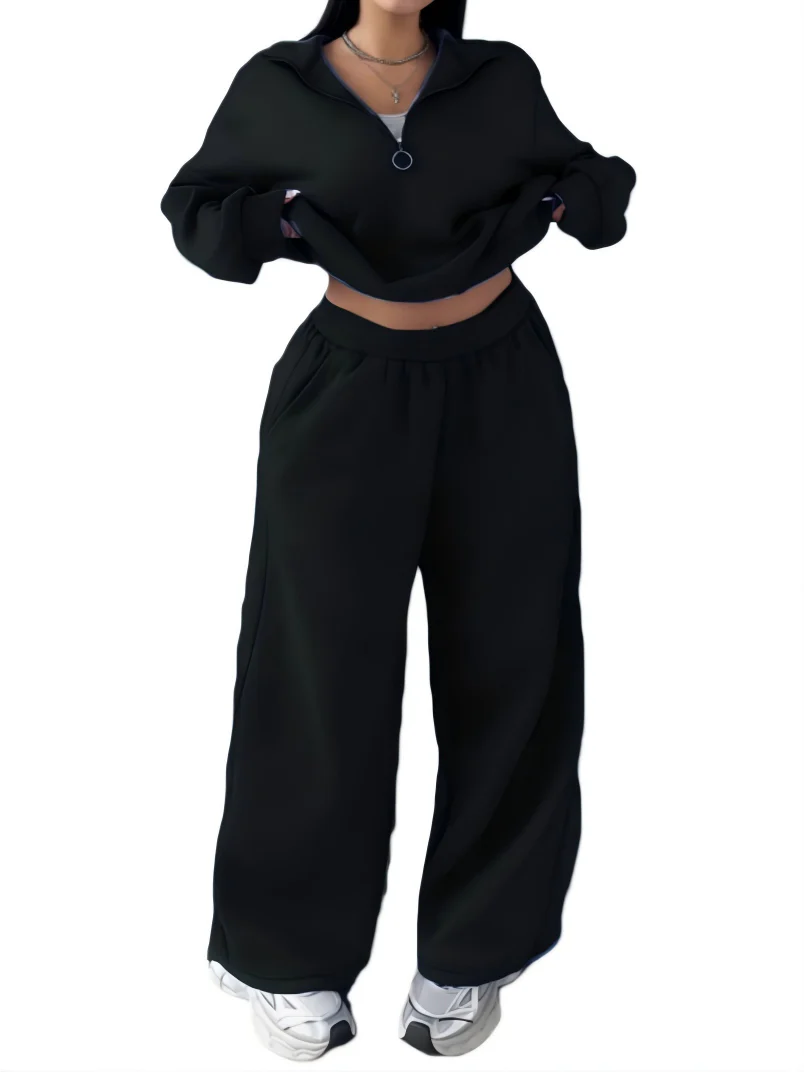 Half-open Pullover Sweatshirt And Trousers Two-piece Set - Image 2