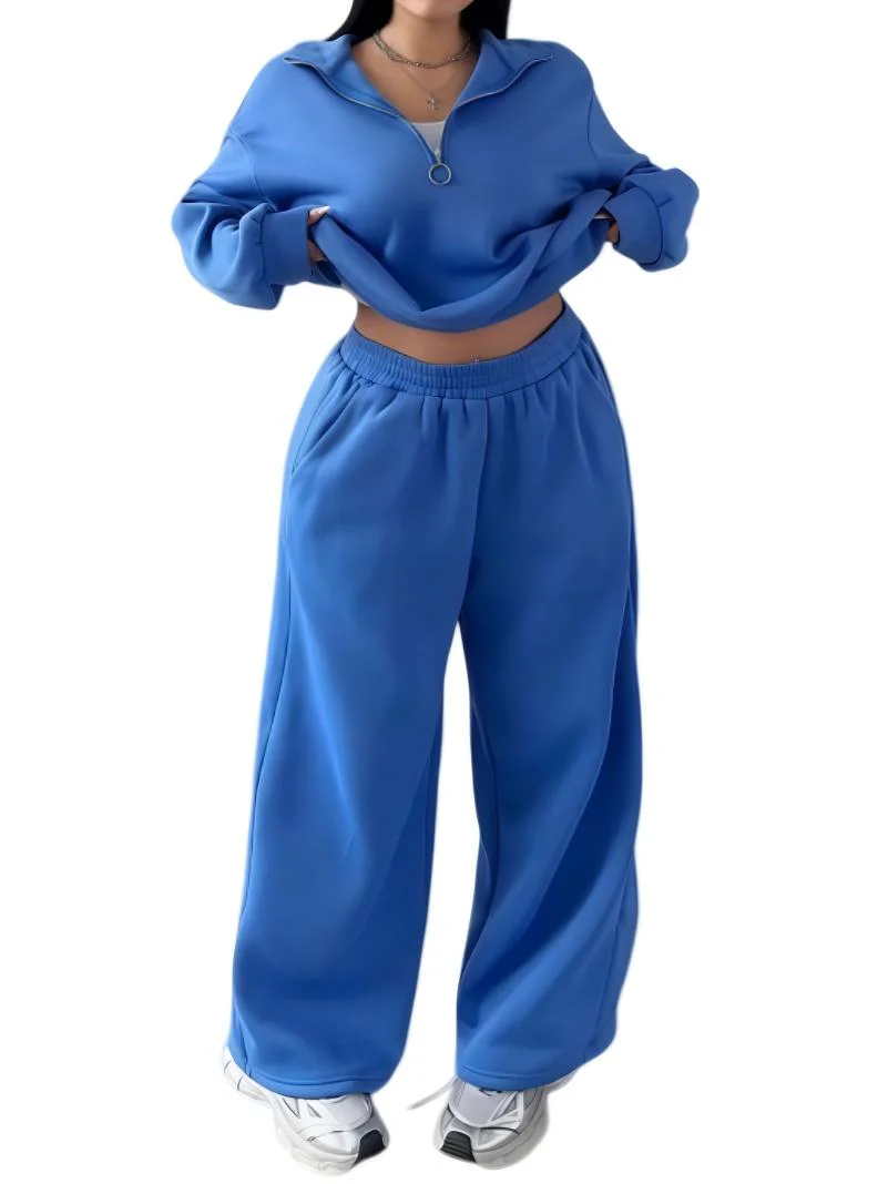 Half-open Pullover Sweatshirt And Trousers Two-piece Set - Image 3