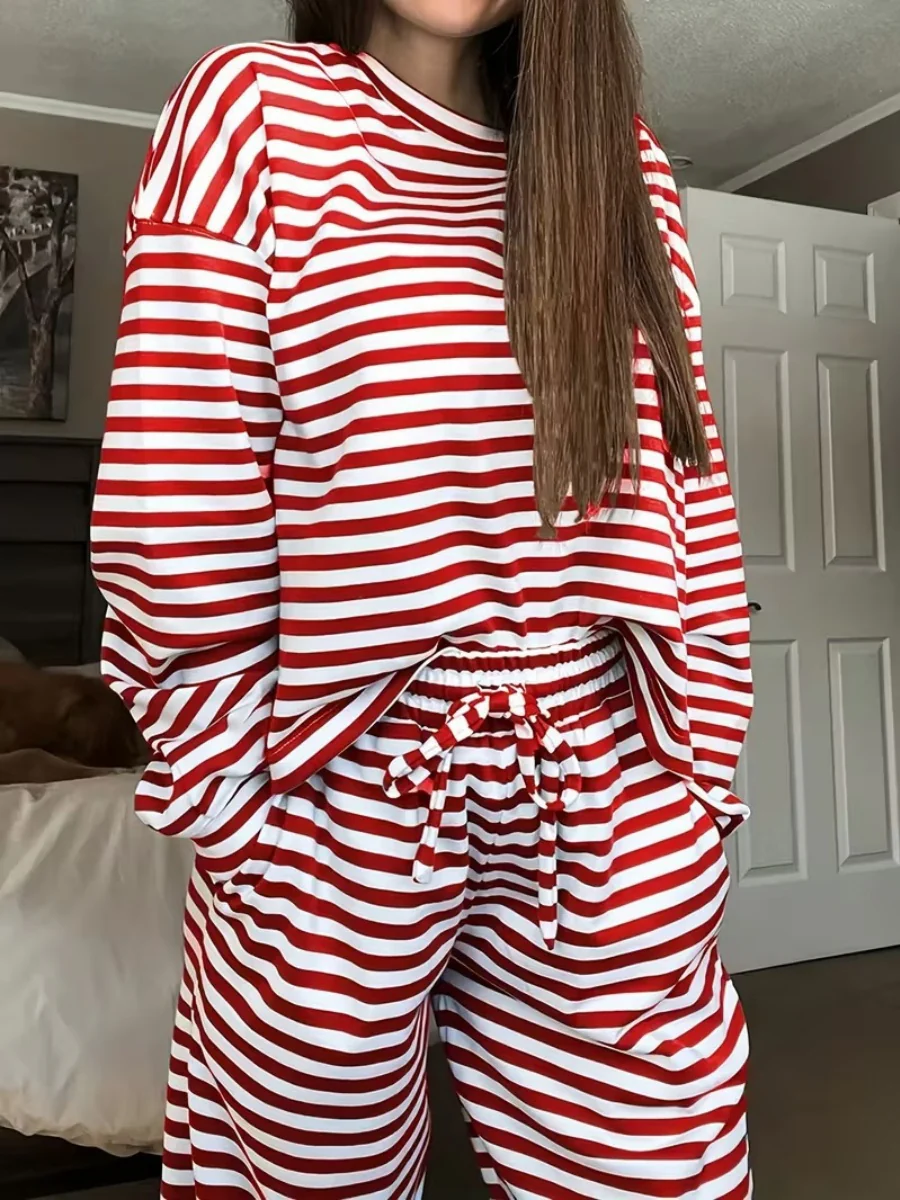 Striped Long-sleeved Top And High-waisted Trousers, Women's Fashionable And Casual Two-piece Set - Image 3