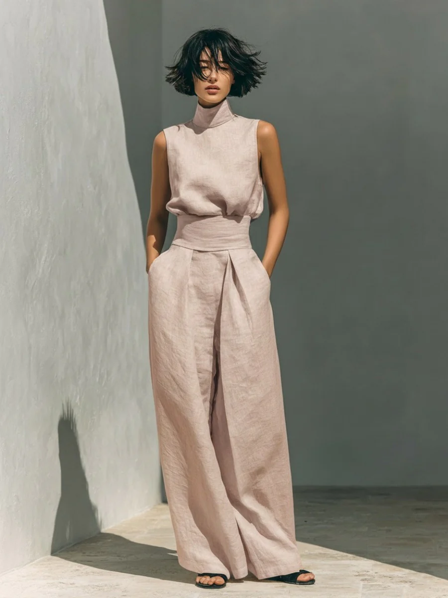 Turtleneck Simplicity Jacket High Waist Wide-leg Pants Set 2-piece Sets - Image 5